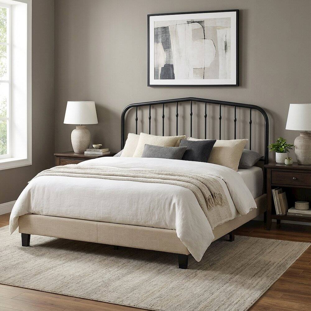 Left. FurniFact - Metal Queen Headboard with Sturdy Frame and Contemporary Design - Black.