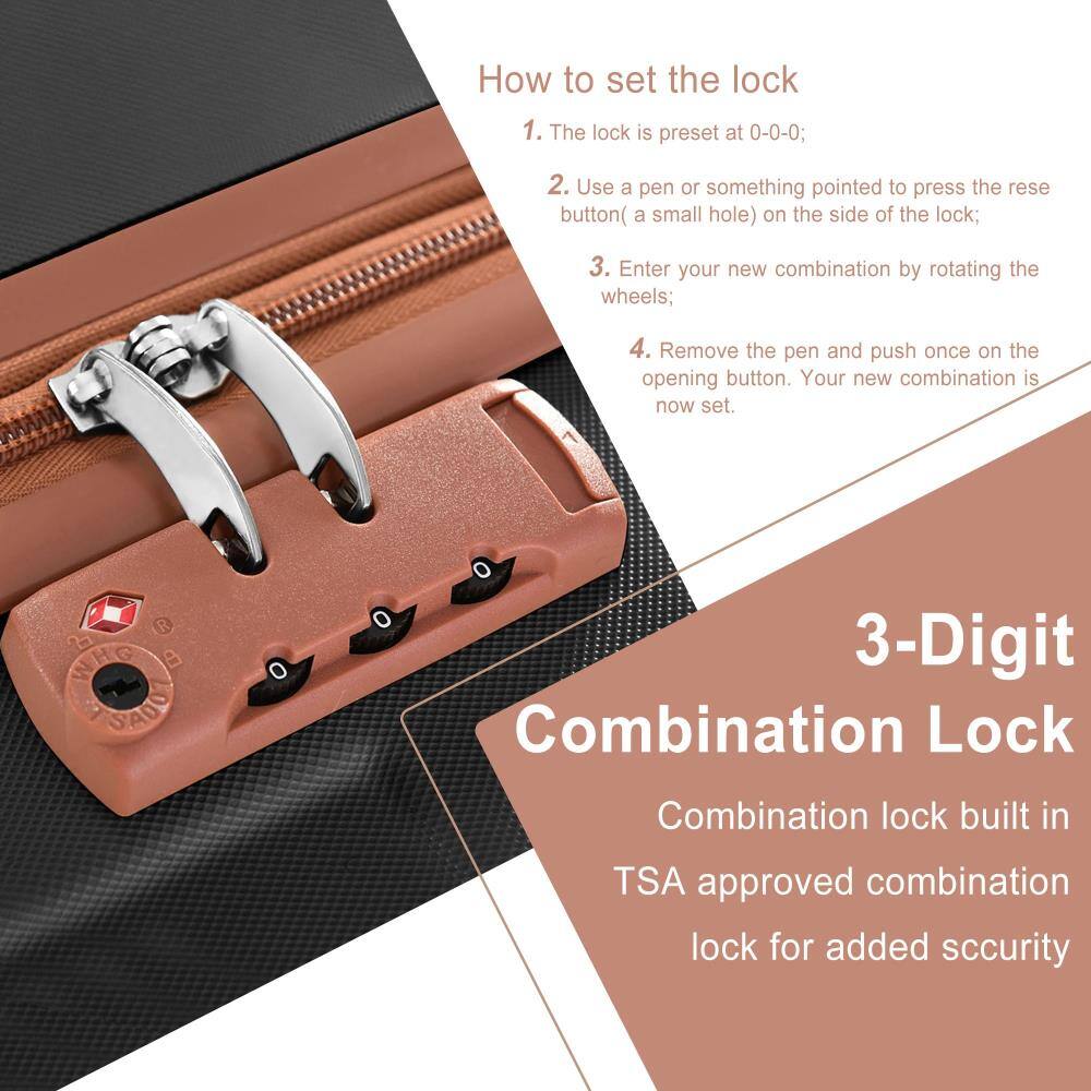 How to set the lock

1. The lock is preset at 0-0-0;
2. Use a pen or something pointed to press the reset button (a small hole) on the side of the lock;
3. Enter your new combination by rotating the wheels;
4. Remove the pen and push once on the opening button. Your new combination is now set.

3-Digit Combination Lock

Combination lock built in TSA approved combination lock for added security