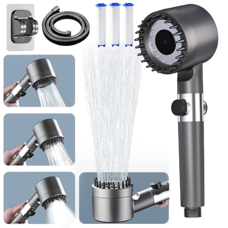 Front. Auledio - High-pressure shower head, water-saving shower head with 1.5m shower hose and shower holder, 3 adjustable modes - gun gray.