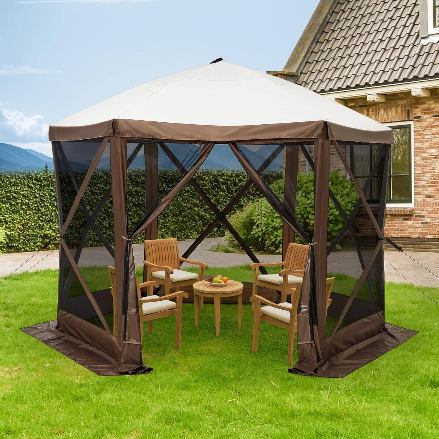 Angle. Homhougo - 12x12 ft 6-Sided Pop Up Gazebo Tent, Waterproof UV Protected Screen Tent, Portable Camping Canopy Sun Shelter - Brown 12x12 Ft.