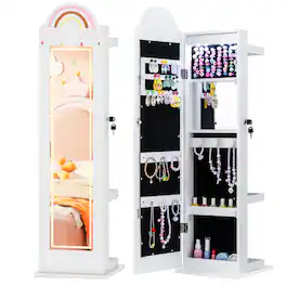 Gymax - 3 In 1 Kids Jewelry Cabinet w/3-Color Lighted Full Length Mirror Clothes Rack - White