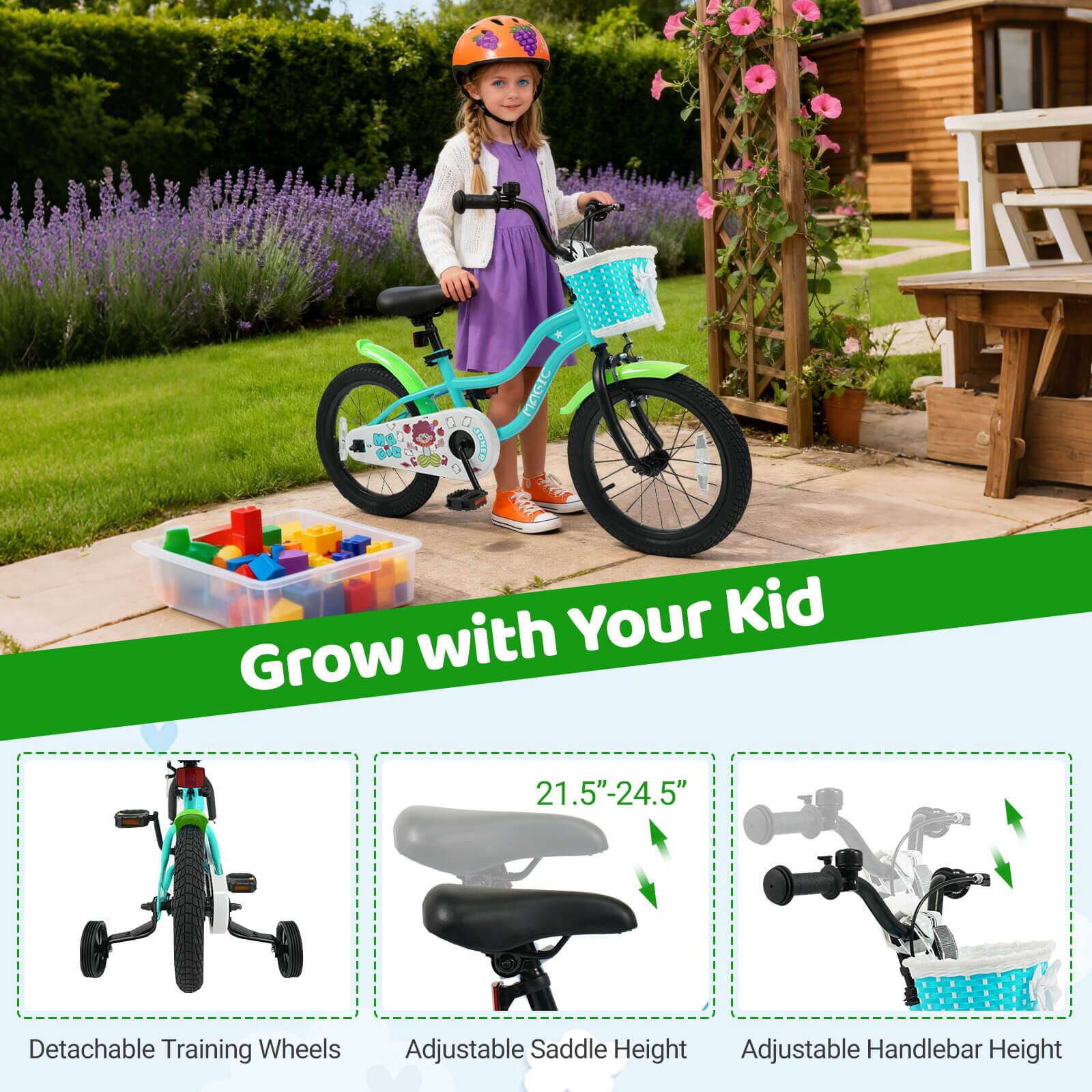 Sure, here is the corrected and grouped text from the image:

---

**Grow with Your Kid**

- **Detachable Training Wheels**
- **Adjustable Saddle Height** (21.5" - 24.5")
- **Adjustable Handlebar Height**

---