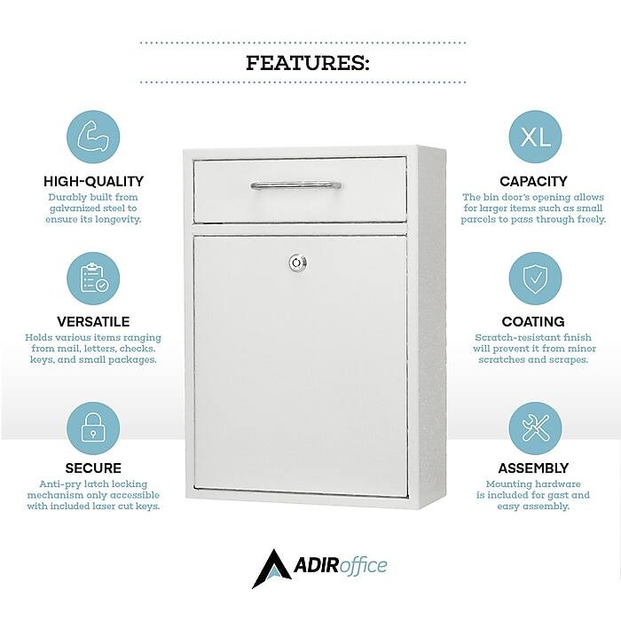 FEATURES:

XL
HIGH-QUALITY
CAPACITY
VERSATILE
COATING
SECURE
ASSEMBLY

Durably built from galvanized steel to ensure its longevity.
The bin door's opening allows for larger items such as small parcels to pass through freely.
Holds various items ranging from mail, letters, checks, keys, and small packages.
Scratch-resistant finish will prevent it from minor scratches and scrapes.
Anti-pry latch locking mechanism only accessible with included laser cut keys.
Mounting hardware is included for gast and easy assembly.