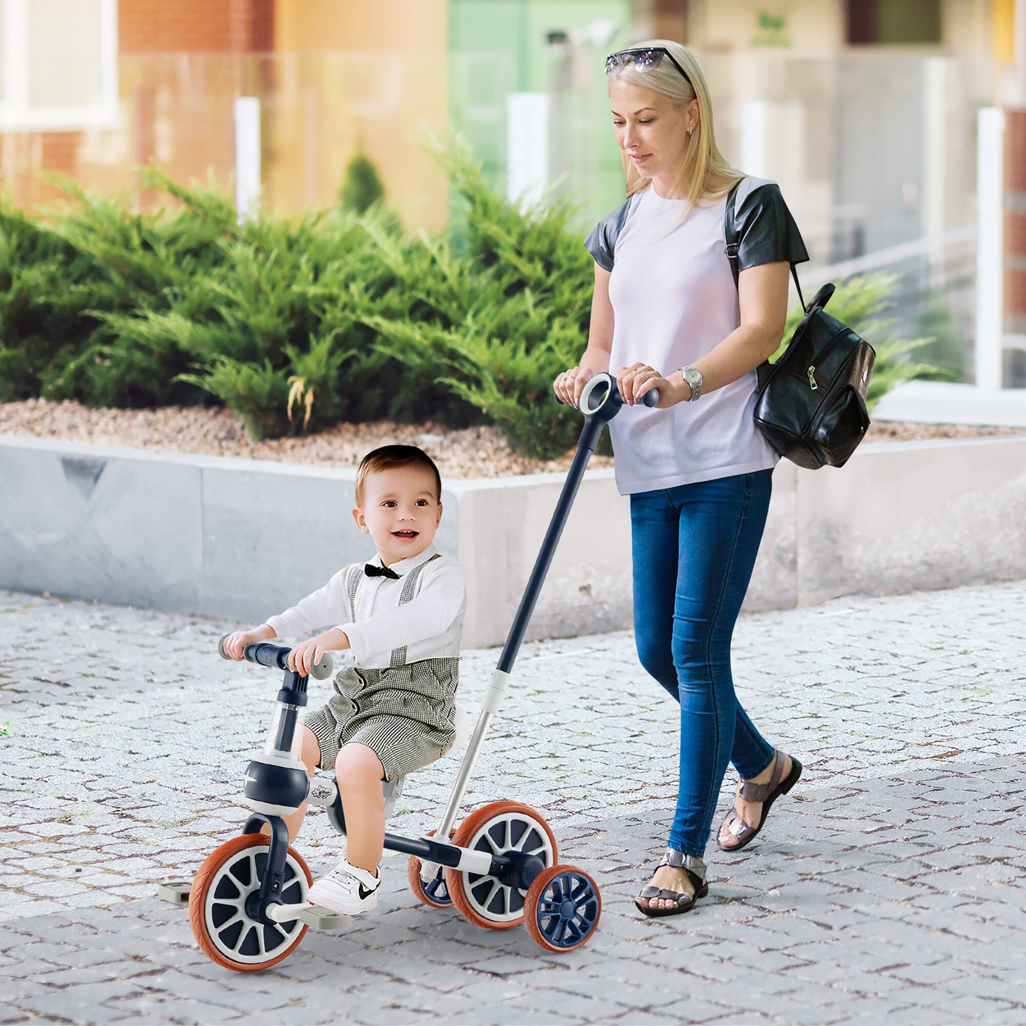 Alt View 3. Costway - Costway 4 in 1 Kids Tricycles with  Push Handle & Training Wheels Baby Balance Bike - Navy.