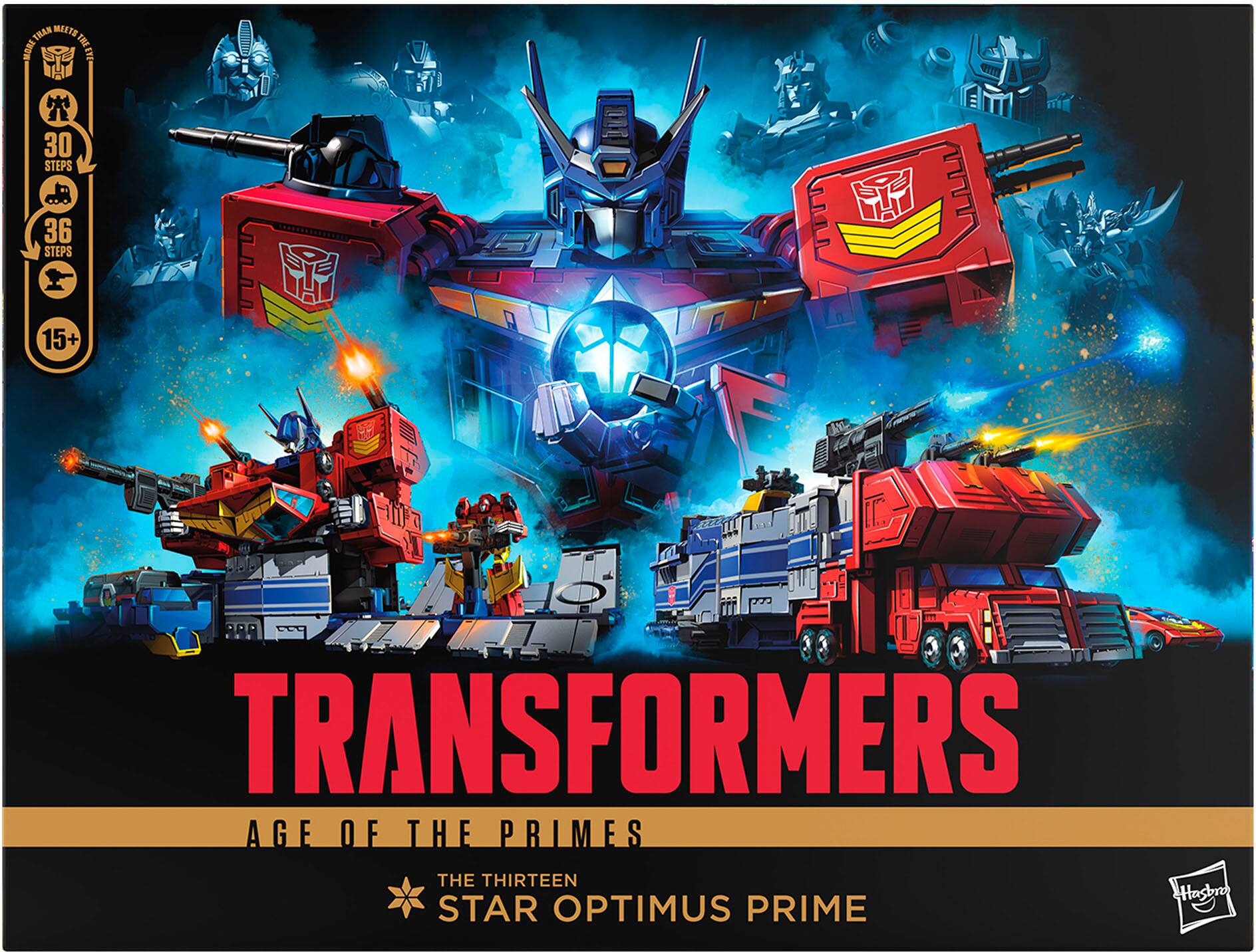 Transformers: Age of the Primes is a collectible toy set featuring the thirteen Star Optimus Prime. The set includes various vehicles and action figures, including a truck and a robot. The image showcases the different components of the set, which are designed to be assembled and played with. This set is part of the Transformers franchise and is produced by Hasbro.