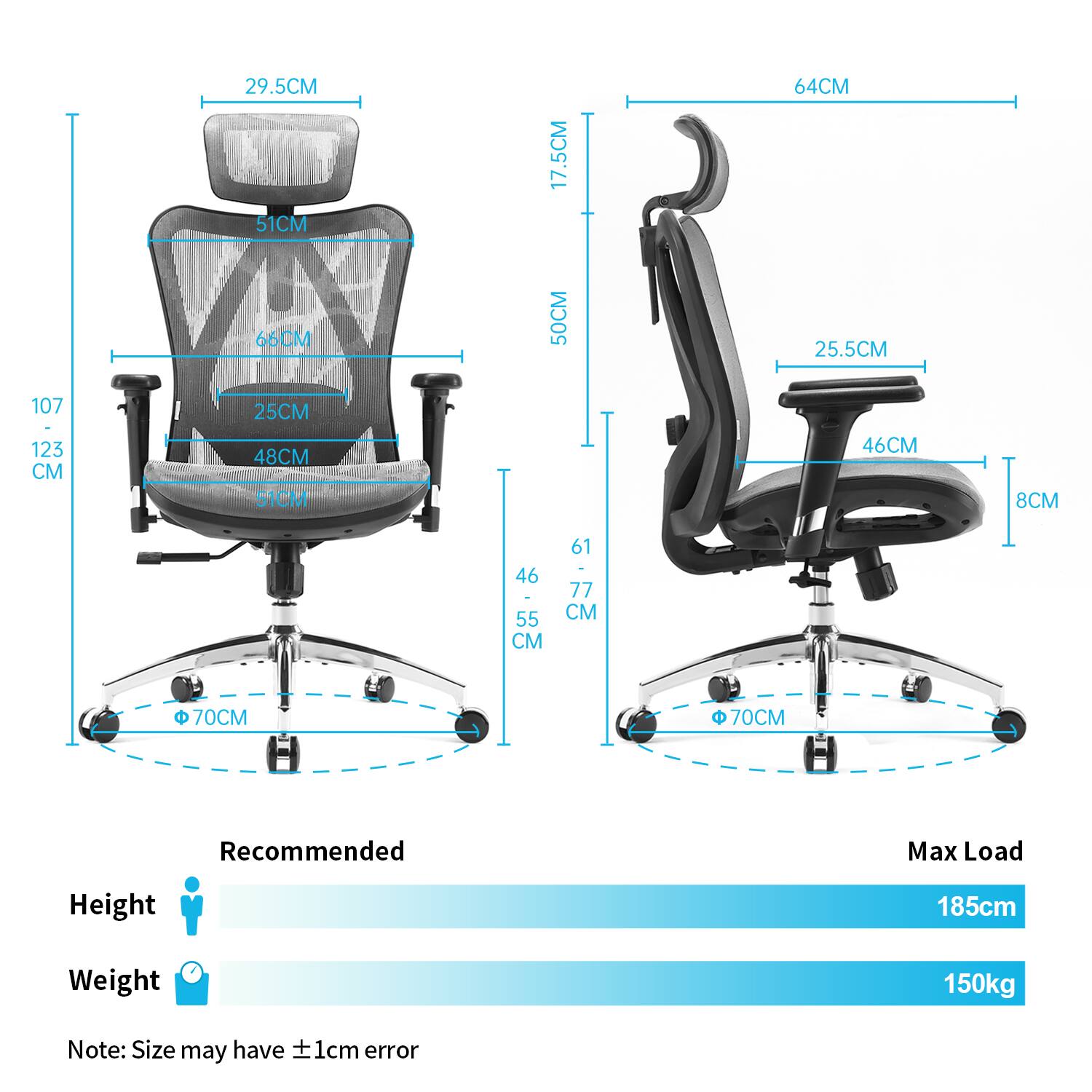 - 29.5CM
- 51CM
- 17.5CM
- 64CM
- 66CM
- 50CM
- 25.5CM
- 107 - 123 CM
- 25CM
- 48CM
- 51CM
- 46CM
- 8CM
- 46 CM
- 55 CM
- 61 CM
- 77 CM
- 70CM
- 70CM

Recommended Max Load Height: 185cm
Weight: 150kg

Note: Size may have ±1cm error