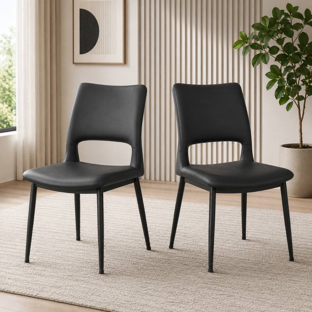 Angle. Loheer - Loheer Black PU Leather Dining Chairs Set of 2 Modern Minimalist Metal Leg Ergonomic Kitchen Chairs - Black.