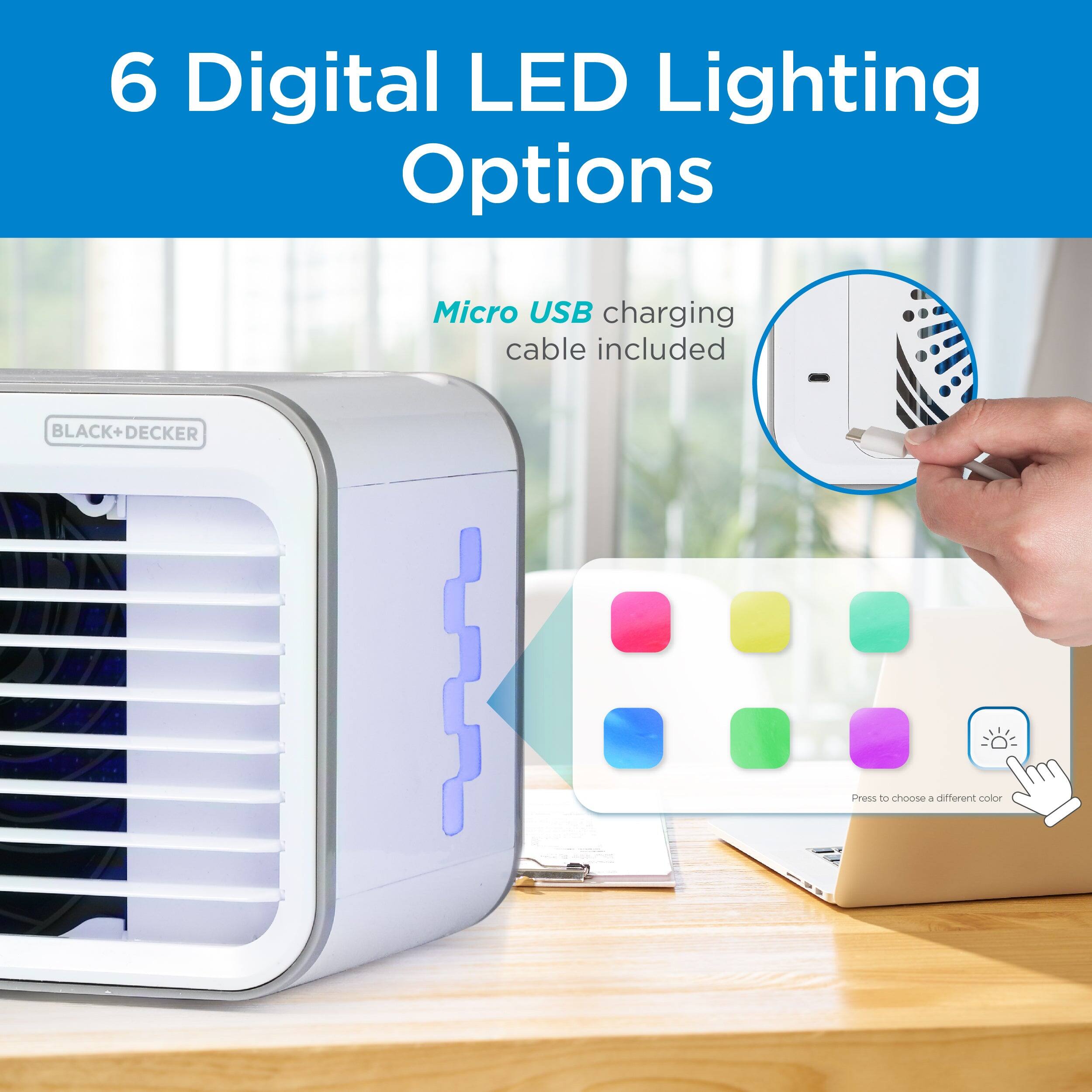 6 Digital LED Lighting Options

Micro USB charging cable included

Press to choose a different color