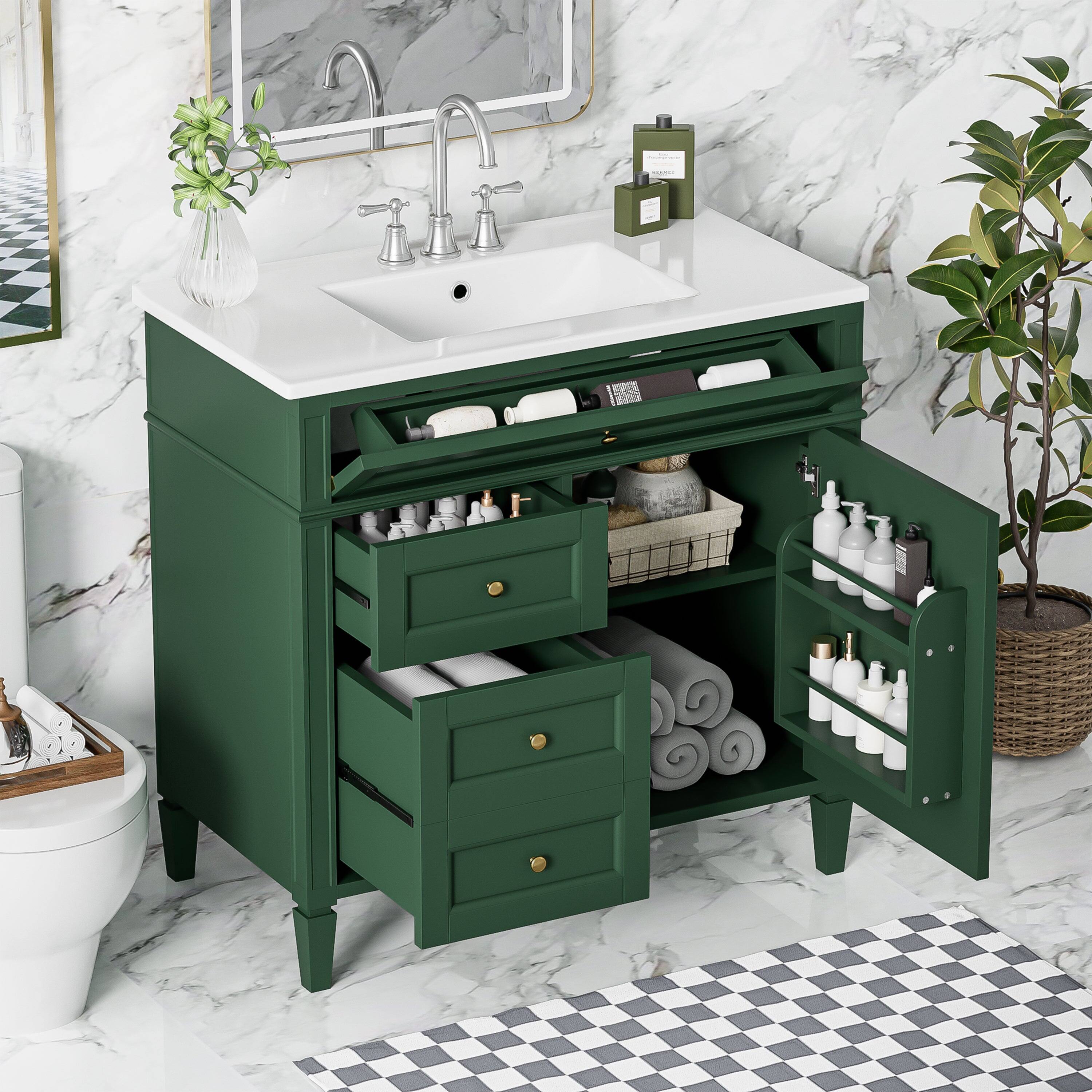 Alt View 2. Boyel Living - 36 Inch Modern Bathroom Vanity with Ceramic Sink Three Drawers Garnet Green - Green.