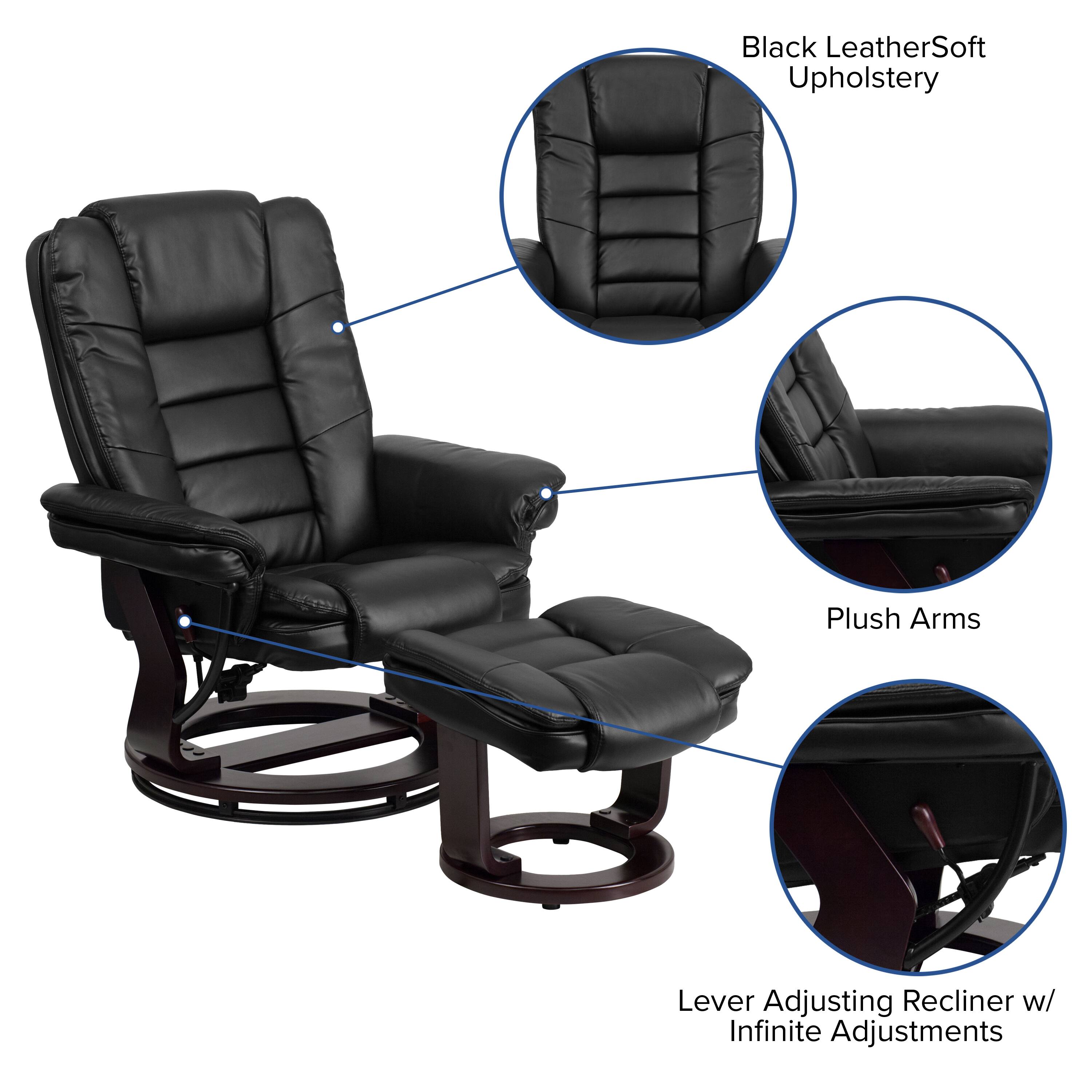 Black Leather Soft Upholstery  
Plush Arms  
Lever Adjusting Recliner w/ Infinite Adjustments