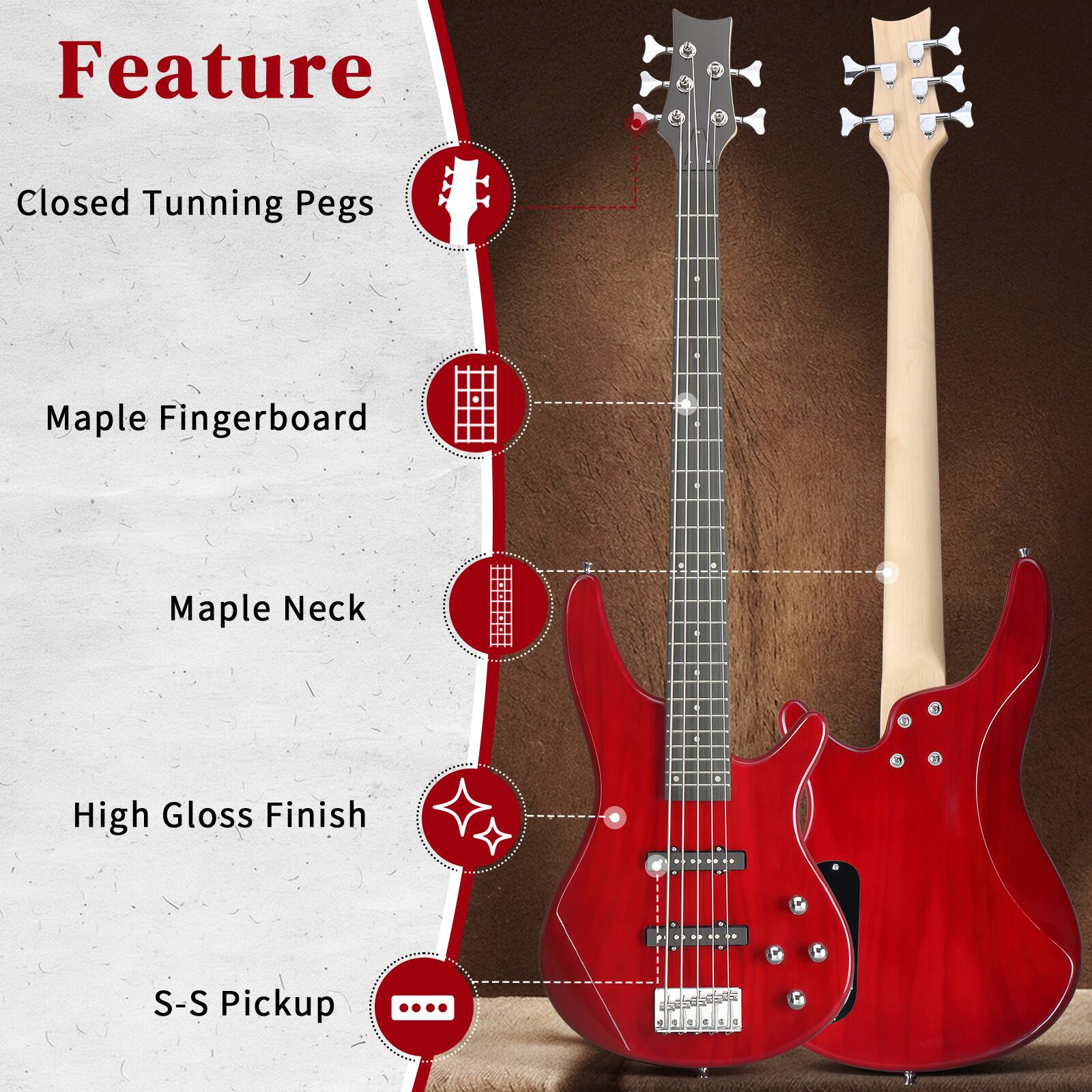 Feature
- Closed Tuning Pegs
- Maple Fingerboard
- Maple Neck
- High Gloss Finish
- S-S Pickup