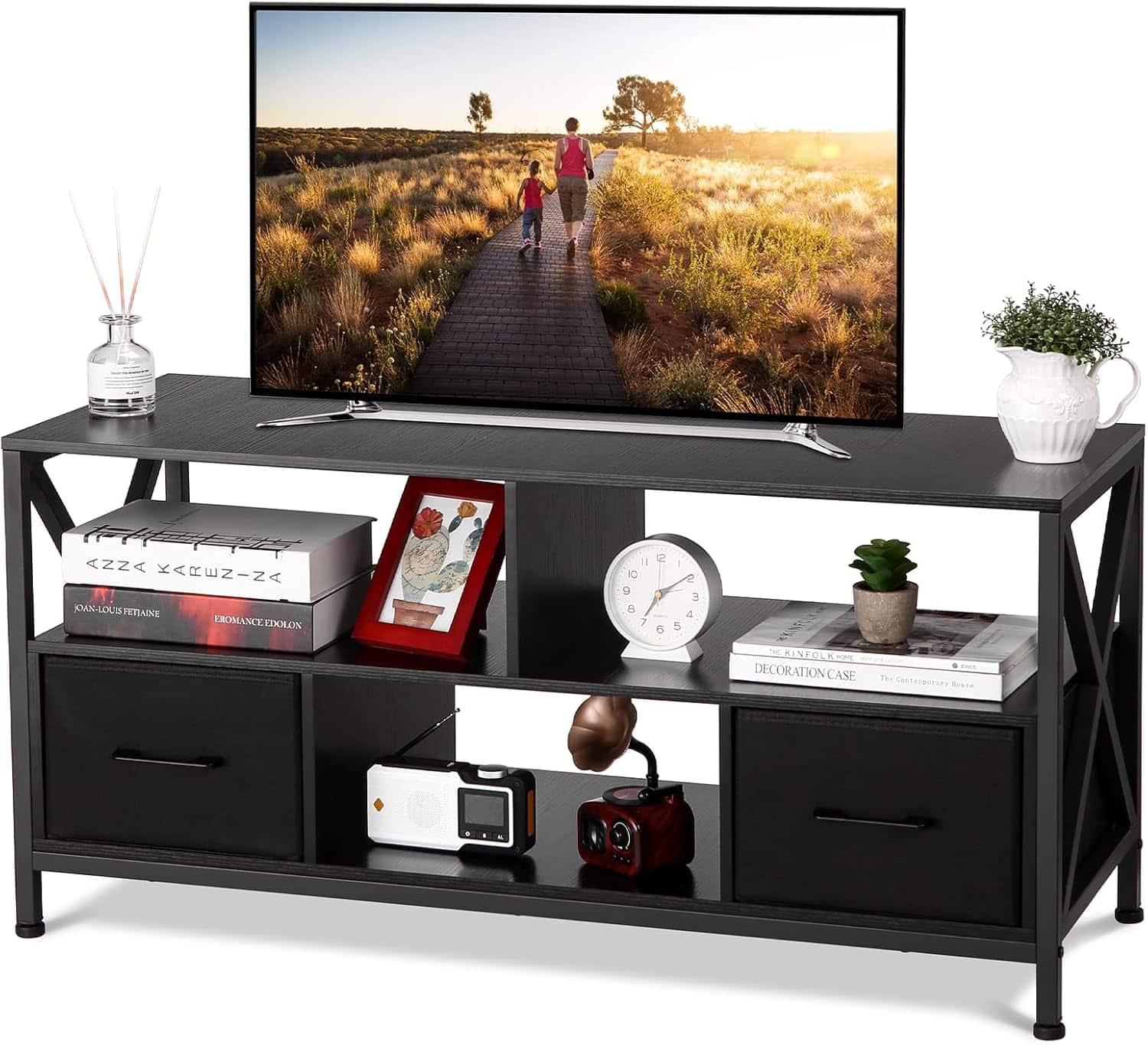 Acekool - TV Stand for 50" TV, Entertainment Center with Fabric Drawers and Open Shelves, Storage Unit - Black