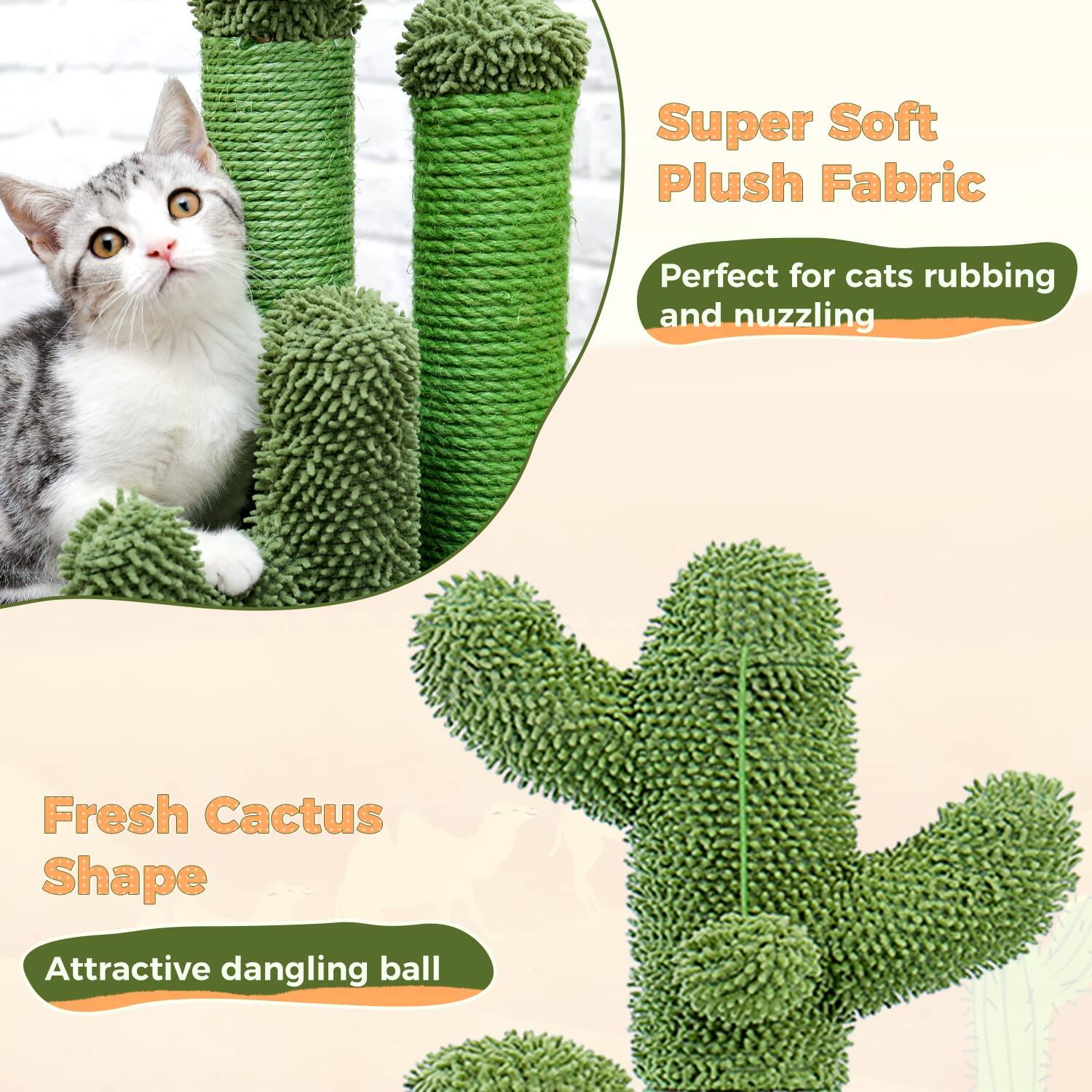 Super Soft Plush Fabric  
Perfect for cats rubbing and nuzzling  

Fresh Cactus Shape  
Attractive dangling ball