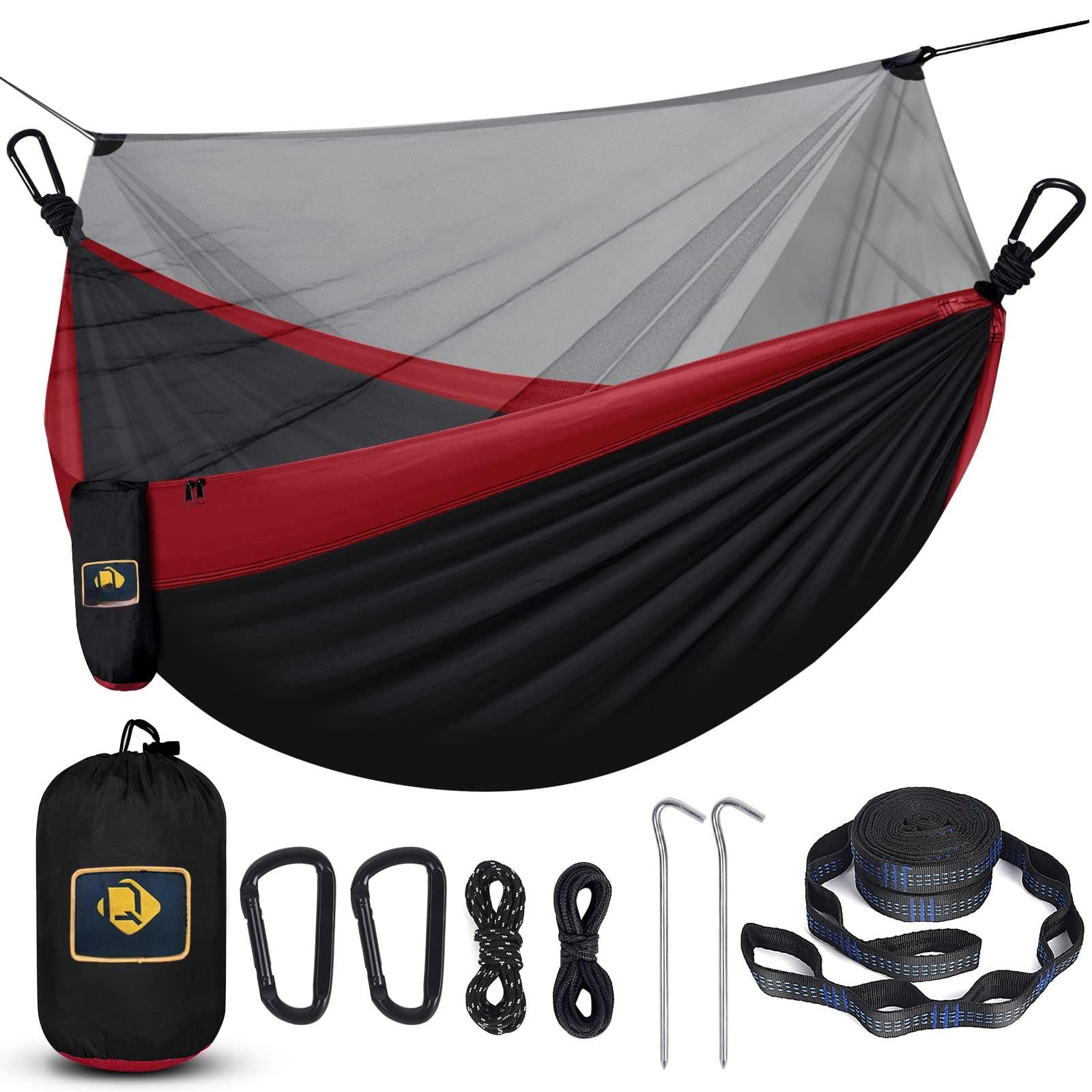 JETRANSPORT - Camping Hammock With Net Portable Lightweight Double Hammocks Tree Straps And Solid D-shape Carabiners - Black & Red Large