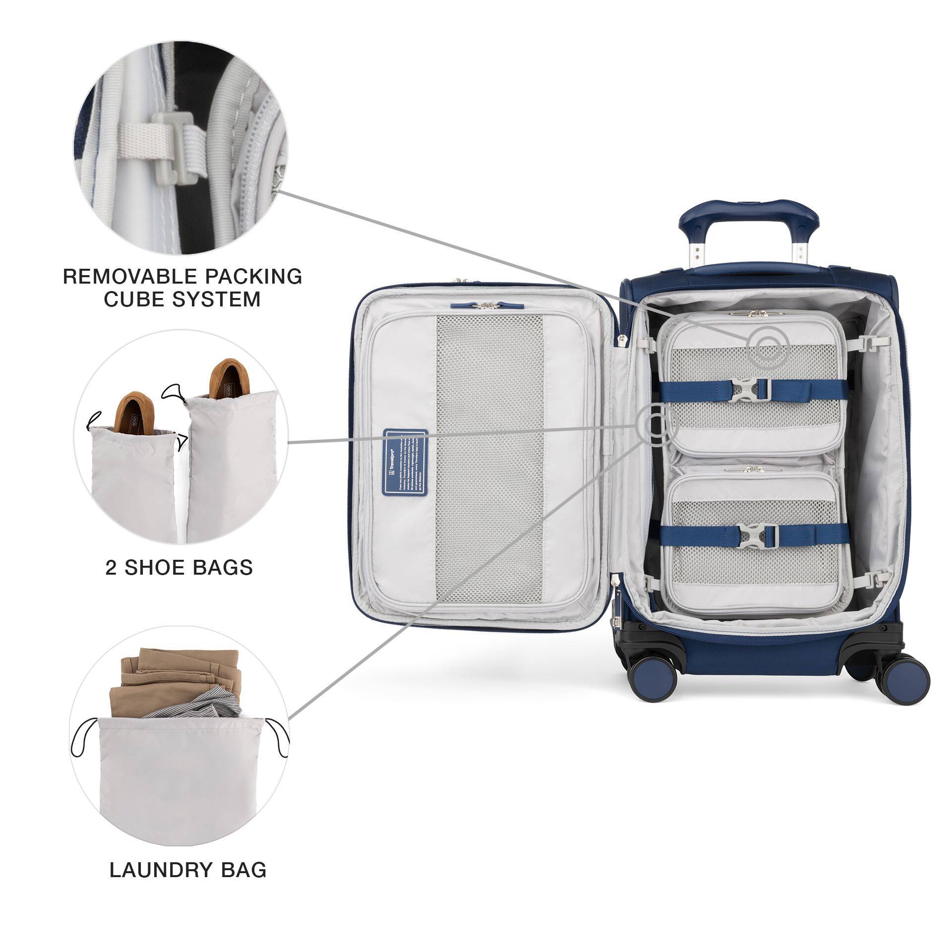 REMOVABLE PACKING CUBE SYSTEM  
2 SHOE BAGS  
LAUNDRY BAG
