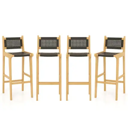 Costway 4 PCS 30" Teak Wood Bar Chair with Backrest & Footrest Bar Height Chair for Deck - Black + Natural