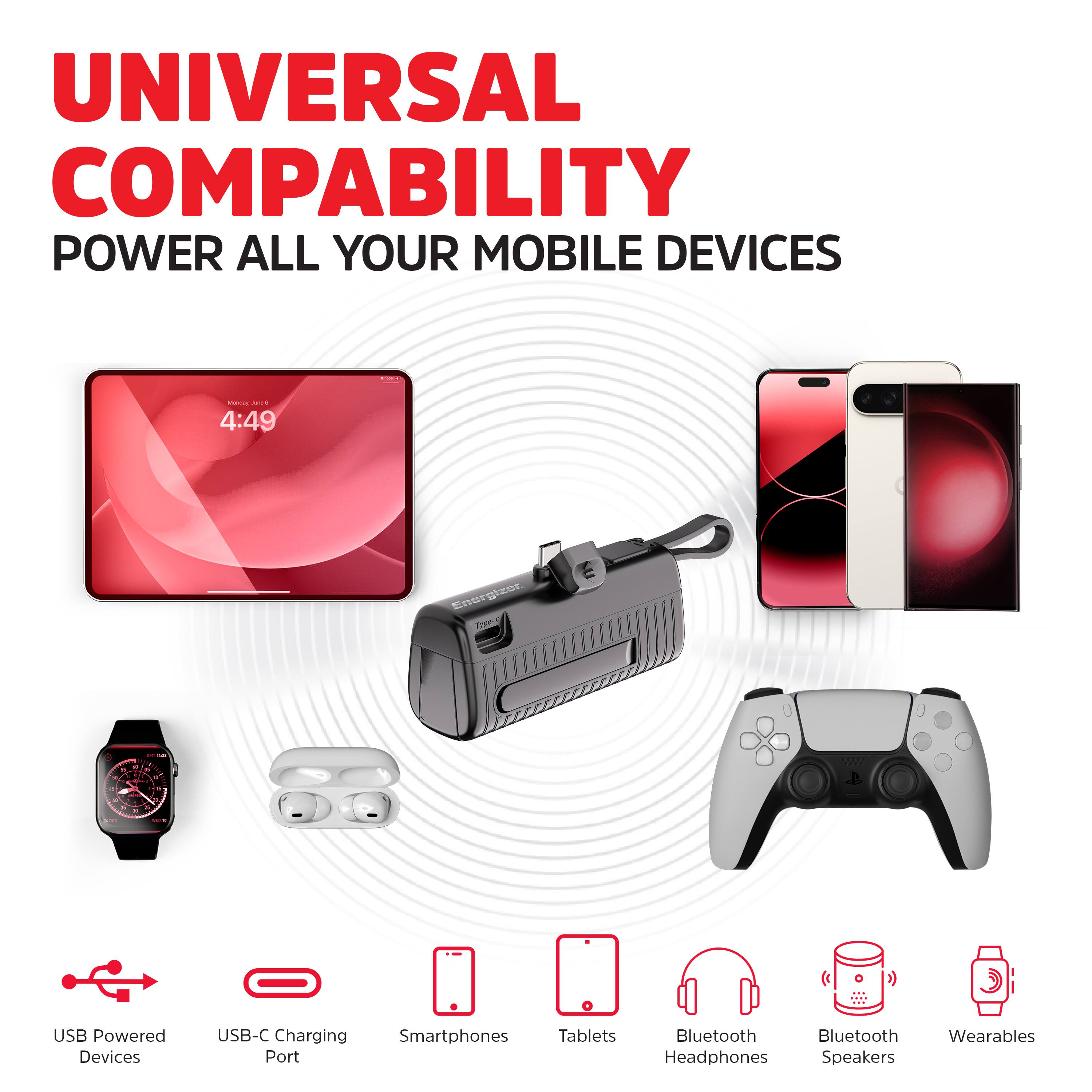 UNIVERSAL COMPATIBILITY  
POWER ALL YOUR MOBILE DEVICES  

- USB Powered Devices  
- USB-C Charging Port  
- Smartphones  
- Tablets  
- Bluetooth Headphones  
- Bluetooth Speakers  
- Wearables