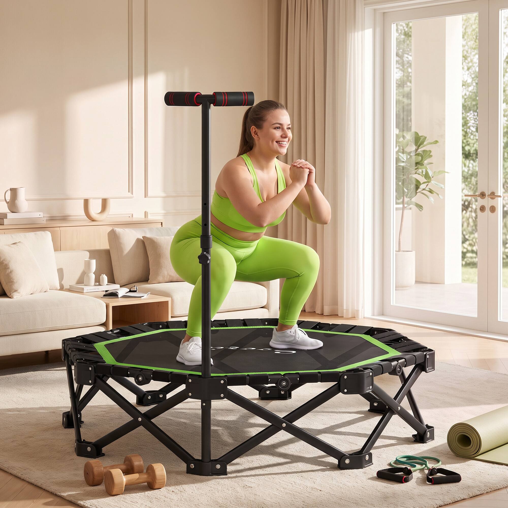 Alt View 8. Soozier - 50" Foldable Mini Trampoline for Adults, One-Step Fold & Open, 550LBS Capacity, 3-Level Adjustable Handle - Green, Black.