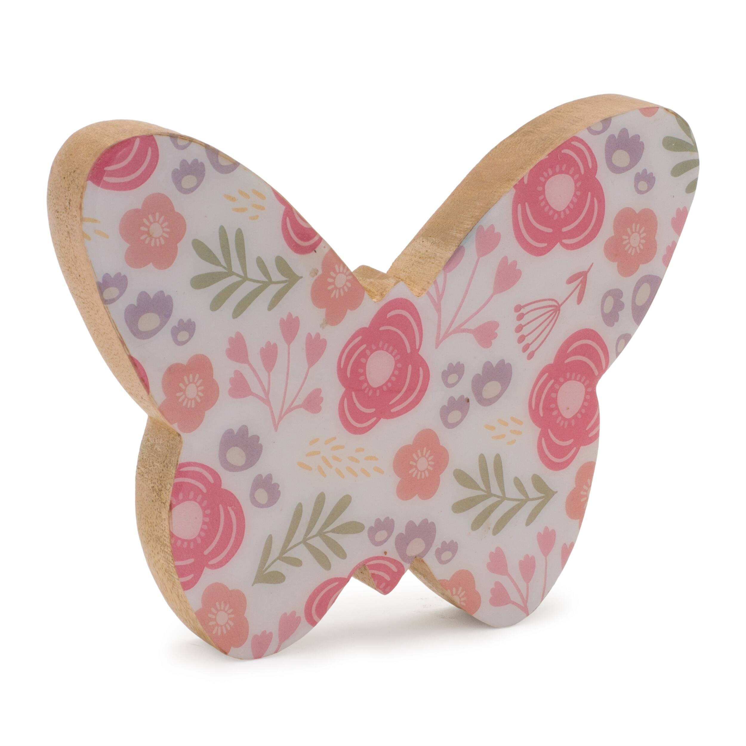 Left. BreeBe - Wood Floral Patterned Butterfly Decor (Set of 2) - White, Pink.