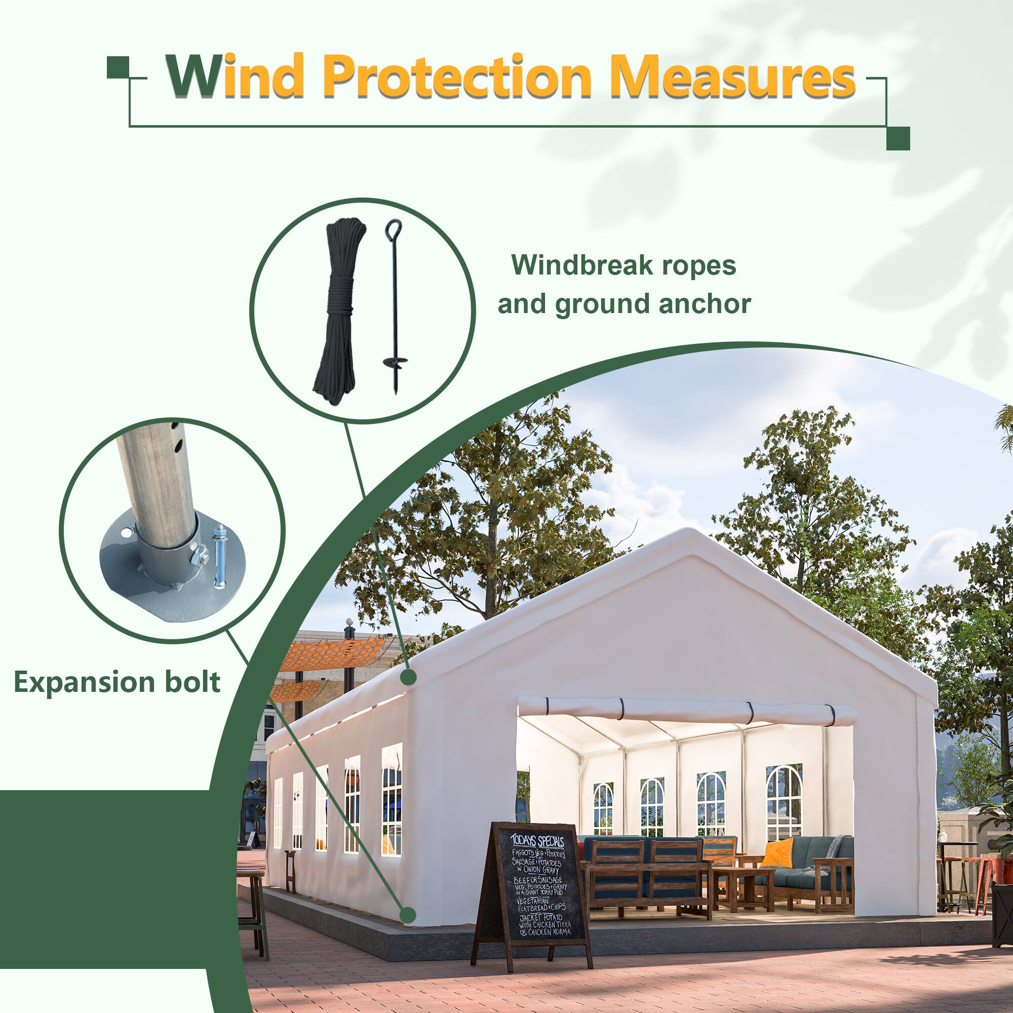 Wind Protection Measures

- Windbreak ropes and ground anchor
- Expansion bolt