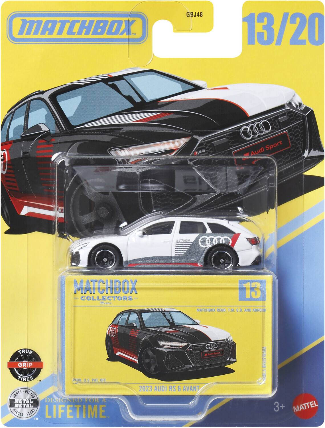 GBJ48 MATCHBOX T e 13/20 PD Audi Sport A CIANICRI MATCHBOX a COLLECTORS Mamel- 13 MATCHBOX REGD. T.M.G.B. AND ABROID TRUE GRIP TIRES IM PLGO U.S PAT. OFF. 2TRA9 PIEZAS METAL DESIGNED FOR A METAL PIECES PEAS LIFETIME TM 610 A 2023 AUDI RS 6 AVANT REGISTRADA SARCA 3+ MATTEL