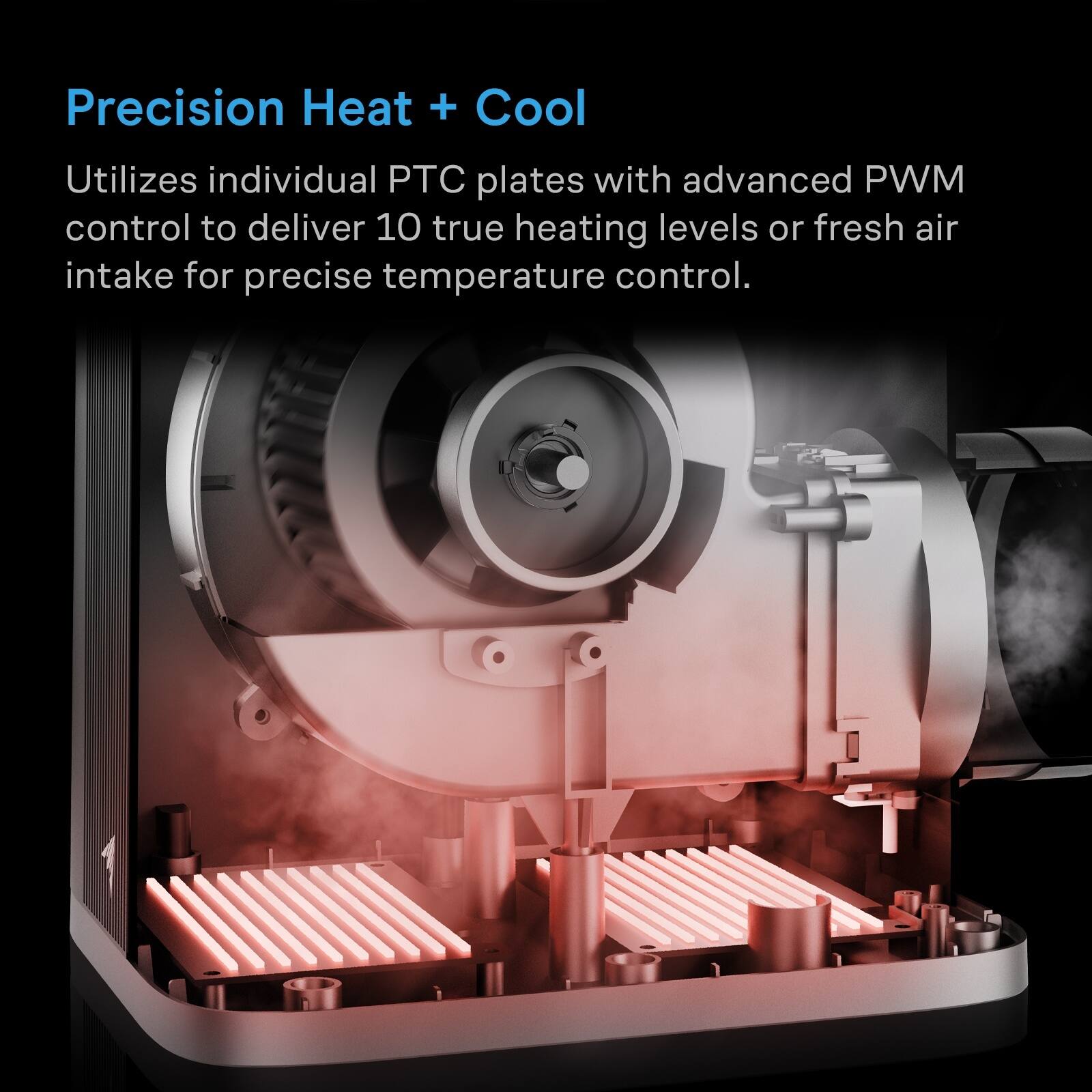 Precision Heat + Cool  
Utilizes individual PTC plates with advanced PWM control to deliver 10 true heating levels or fresh air intake for precise temperature control.
