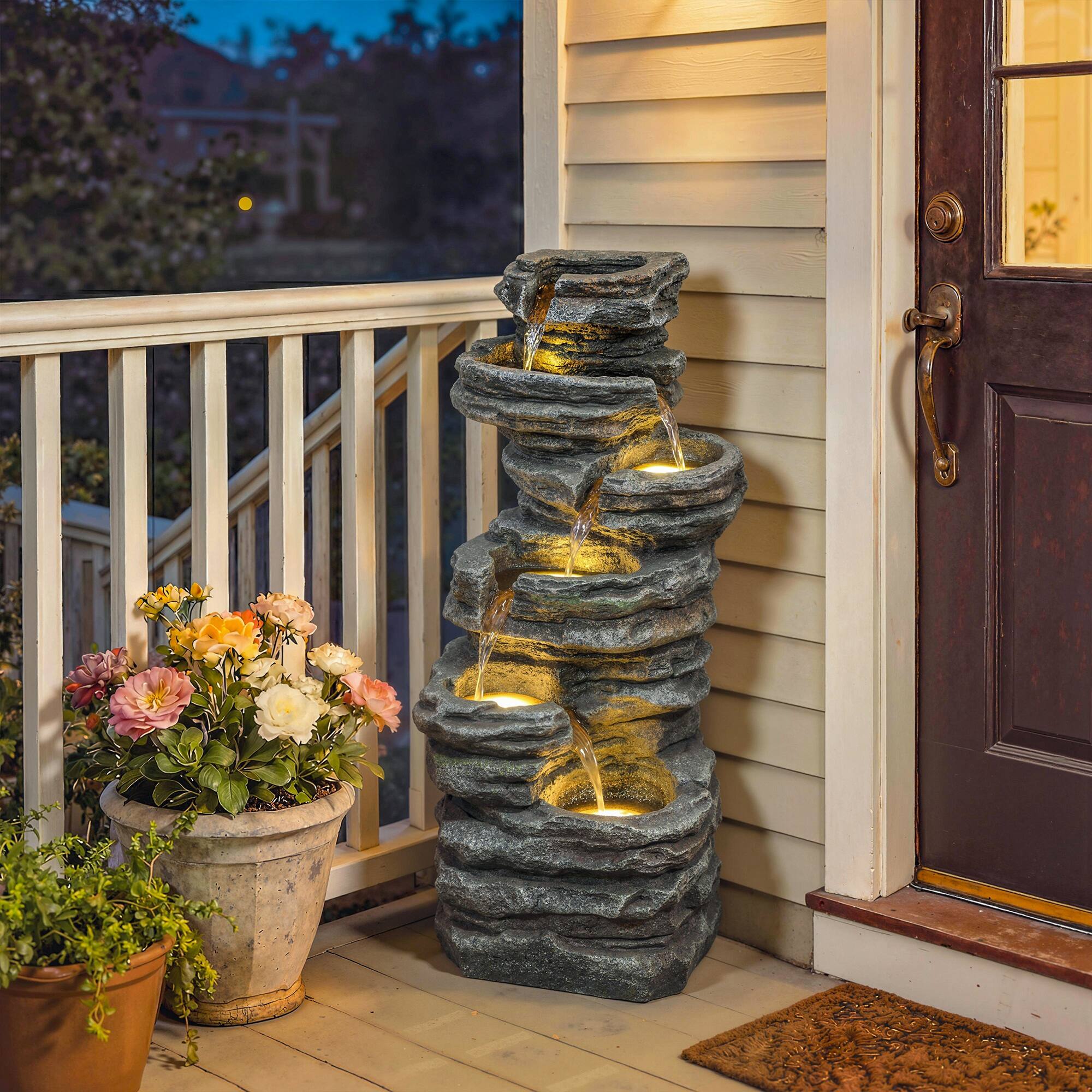 Alt View 8. Outsunny - Tall Outdoor Waterfall Fountain with LED Lights, 6-Tier Cascading Waterfall Feature - Gray.