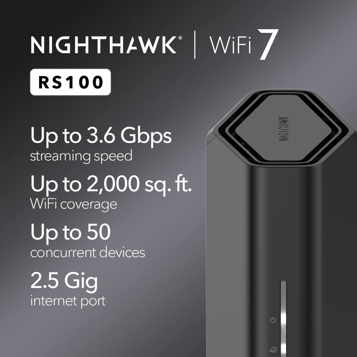 Nighthawk WiFi 7 RS100  
Up to 3.6 Gbps streaming speed  
Up to 2,000 sq. ft. WiFi coverage  
Up to 50 concurrent devices  
2.5 Gig internet port
