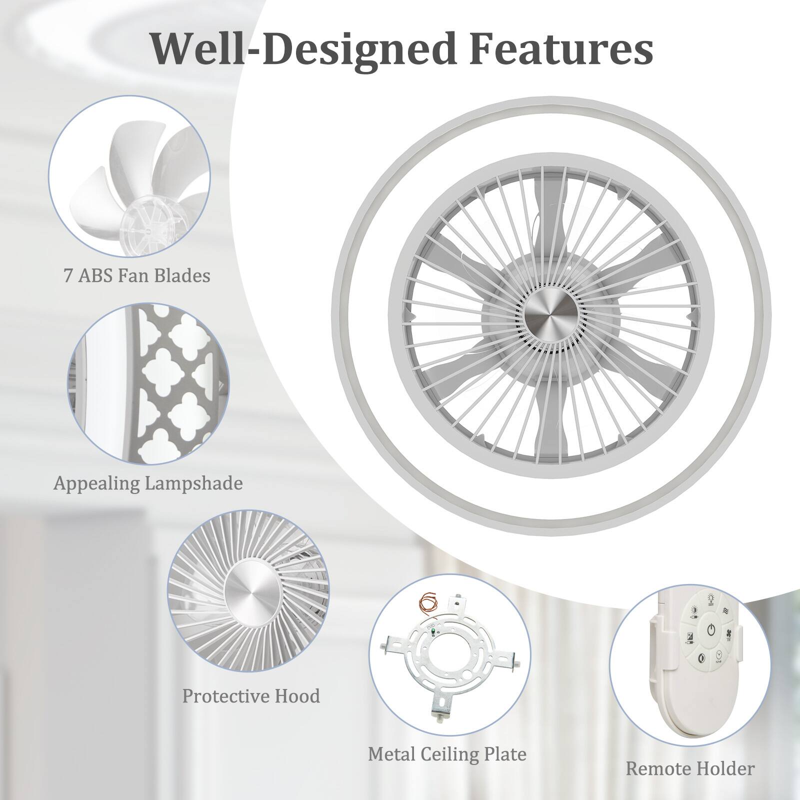 Well-Designed Features

- 7 ABS Fan Blades
- Appealing Lampshade
- Protective Hood
- Metal Ceiling Plate
- Remote Holder