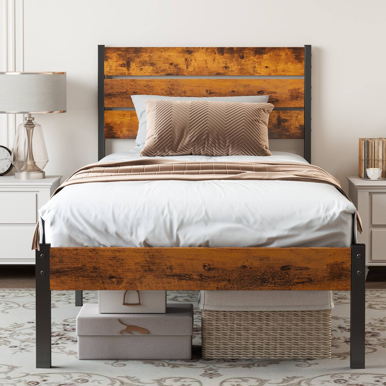 Left. Bestier - Metal Platform Bed Frame with Headboard, Sturdy Wooden Slats Support, No Box Spring Needed - Brown & Black.