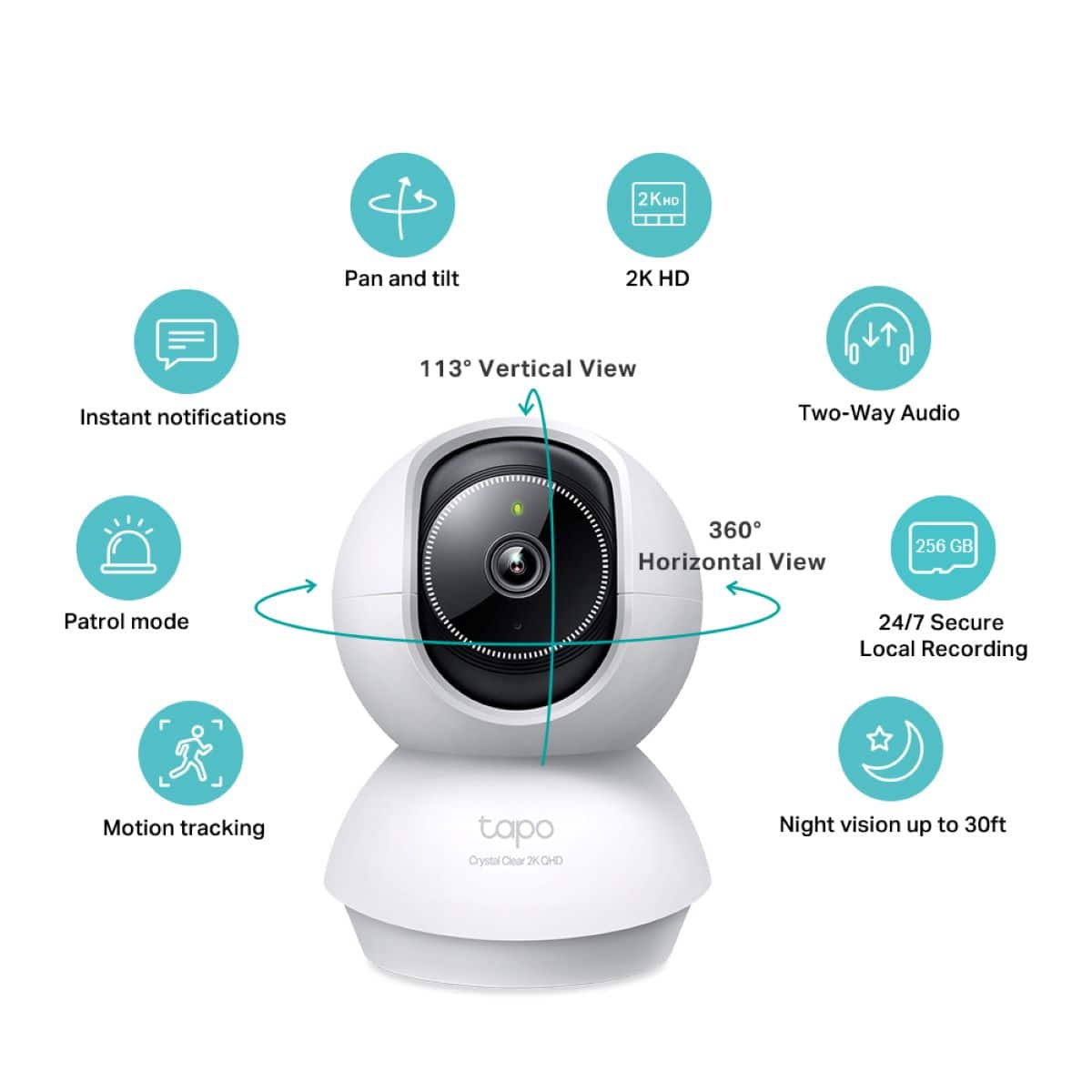 The image features a white Tapo camera with various features and specifications. The camera is equipped with 2K HD pan and tilt, offering a 113-degree vertical view and a 360-degree horizontal view. It also offers instant notifications, two-way audio, and 256 GB patrol mode for added security. The camera is designed with motion tracking capabilities and is compatible with local recording. Additionally, it has a night vision feature that allows for clear visibility up to 30 feet.