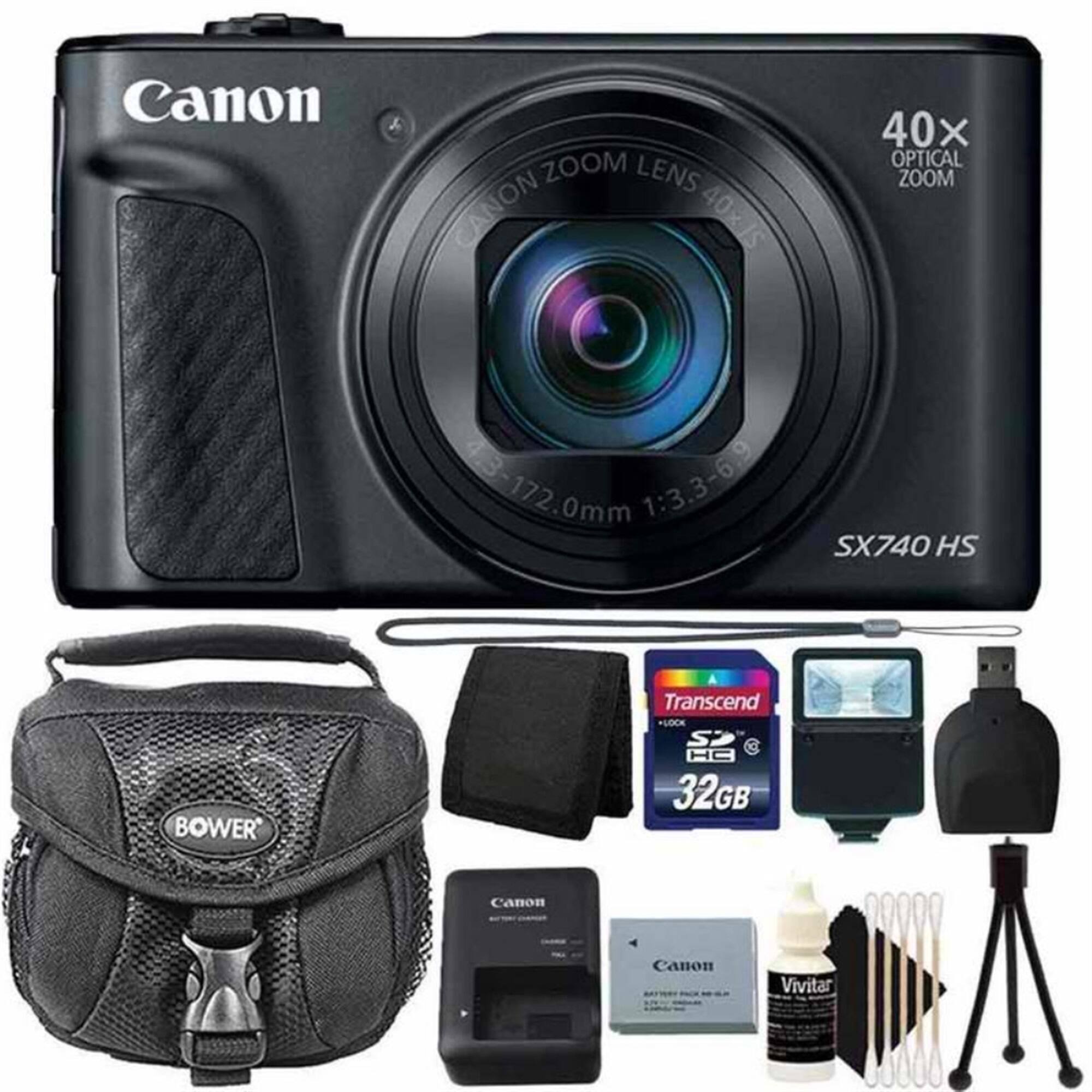Canon SX740 HS  
40x Optical Zoom  
4.3-172.0mm 1:3.3-6.9  

Canon Zoom Lens  
Canon 40x Optical Zoom  
4.3-172.0mm 1:3.3-6.9  

Bower  
Transcend 32GB SDHC Card  
Canon Battery Grip BG-E14  
Canon Lens Cleaning Kit  
Vivitar Lens Cleaning Kit  
Canon USB Cable  
Canon Tripod  

Canon Vivitar