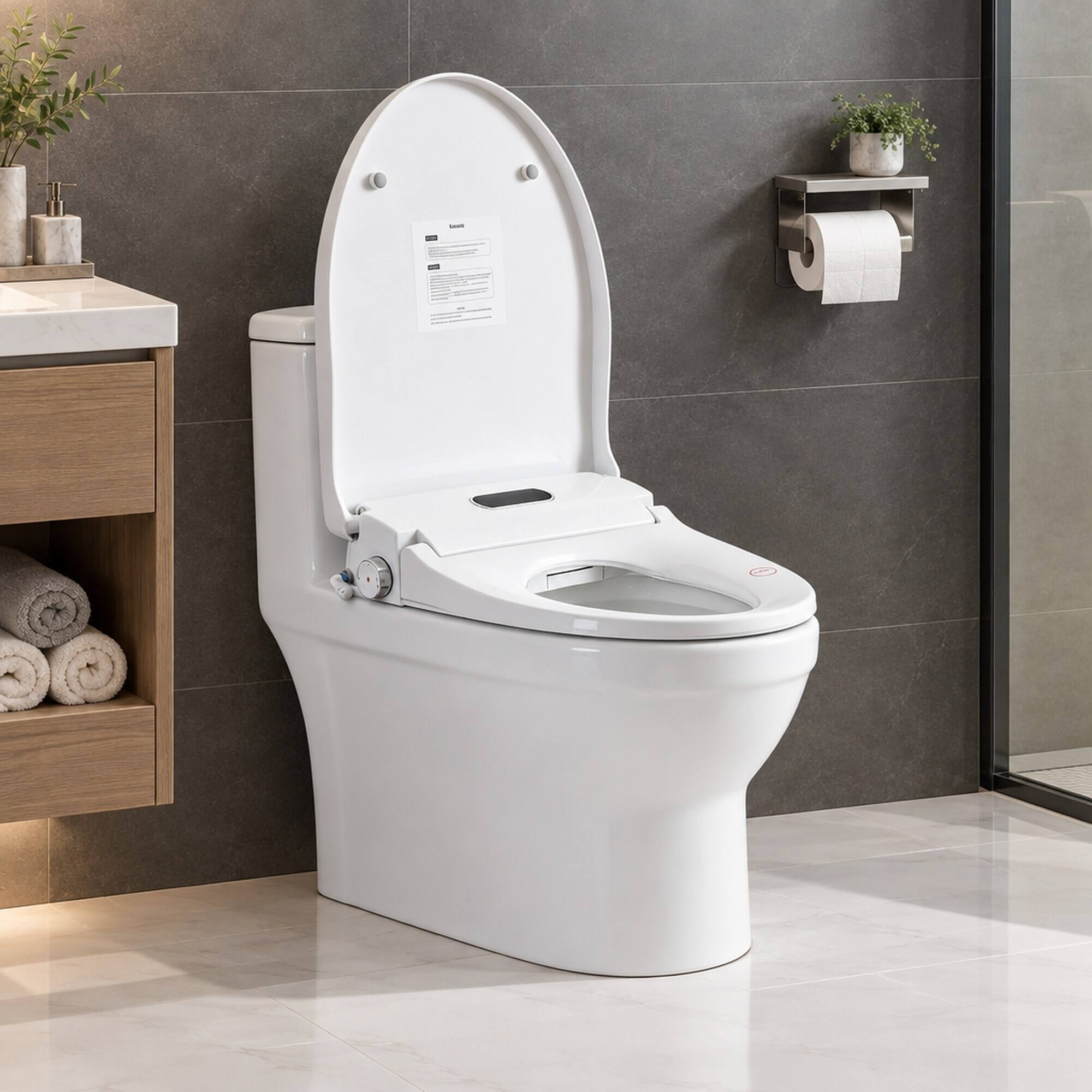 Back. RYHNUYNE - Smart Bidet Toilet Seat, Side Knob Heated Seat Water Temperature and Pressure Adjustment Auto Open and Close Night Light - White.