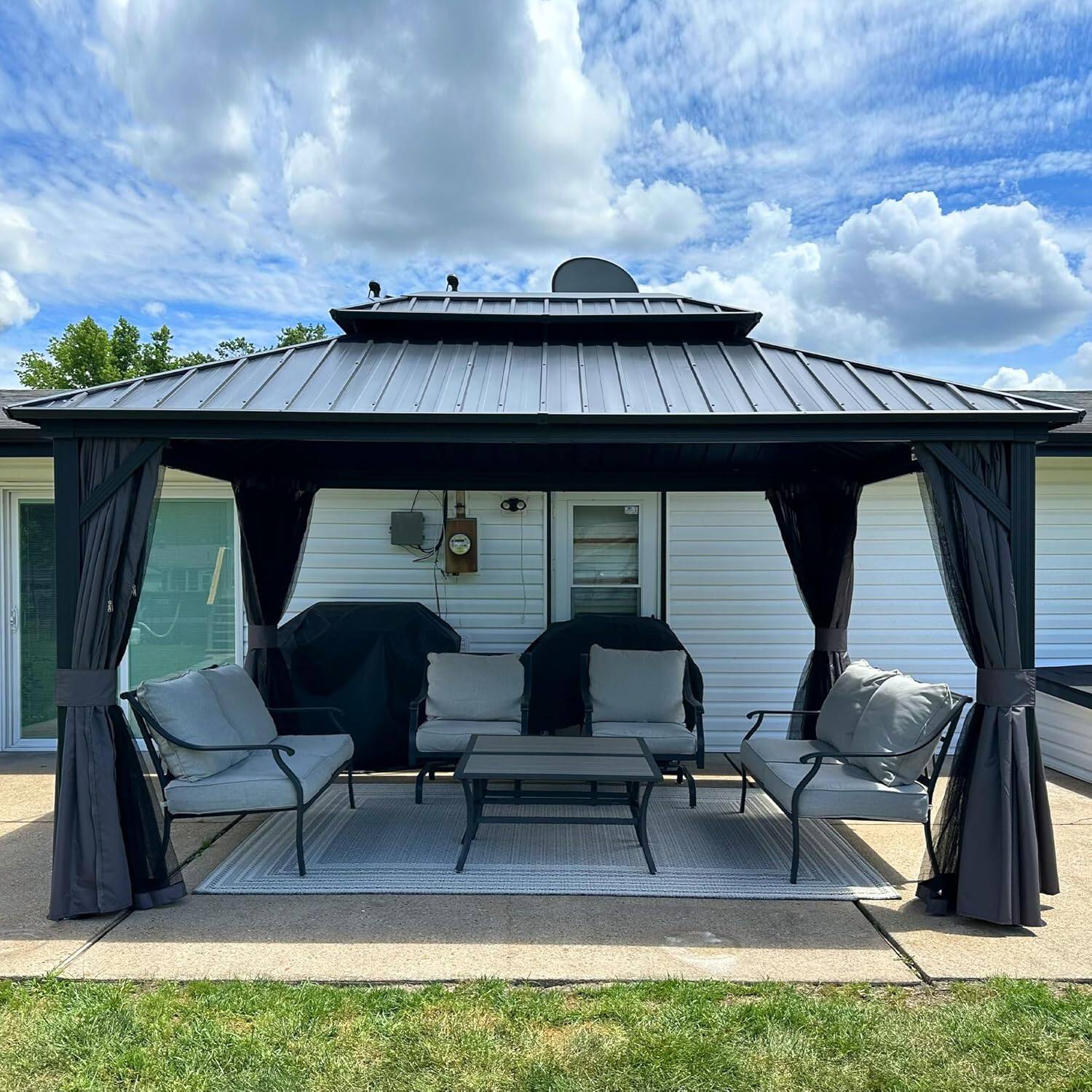 Front. PURPLE LEAF - 10' X 14' Outdoor Aluminum Hardtop Gazebo with Galvanized Steel Double Roof for Patio Deck with Netting and Curtains - Grey.