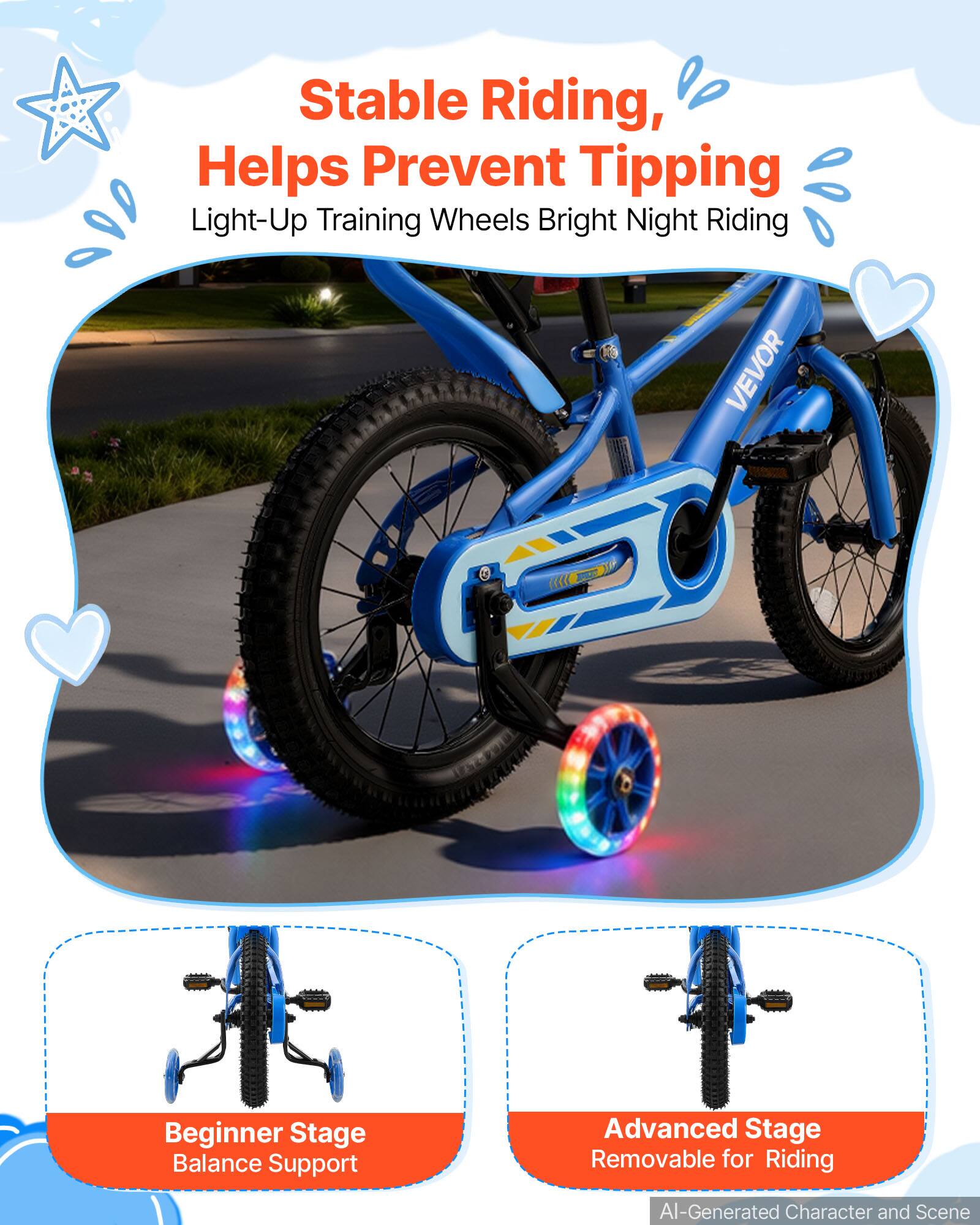 Stable Riding, Helps Prevent Tipping  
Light-Up Training Wheels Bright Night Riding  

VEVOR  

Beginner Stage Balance Support  
Advanced Stage Removable for Riding  

AI-Generated Character and Scene