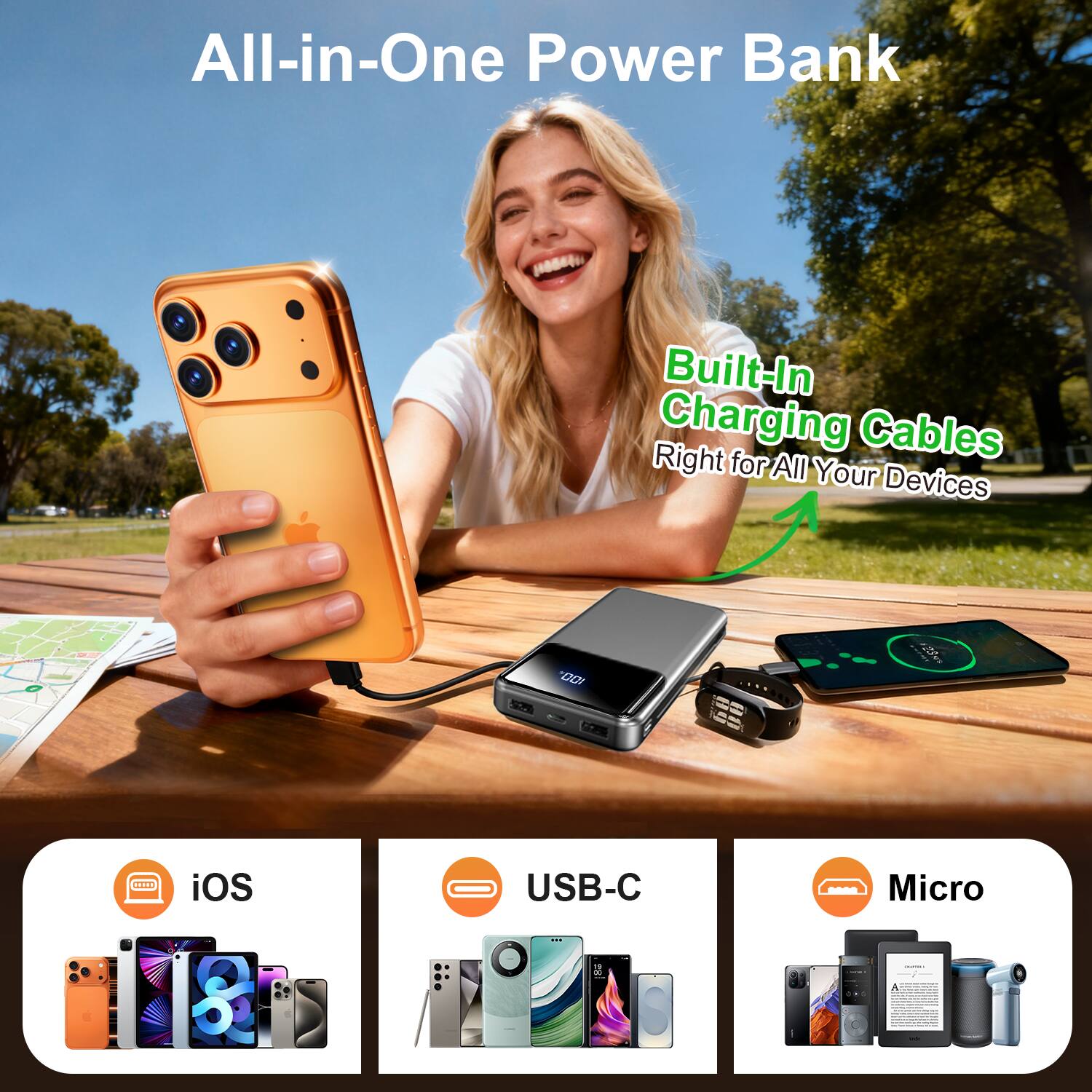 All-in-One Power Bank

Built-In Charging Cables
Right for All Your Devices

iOS
USB-C
Micro