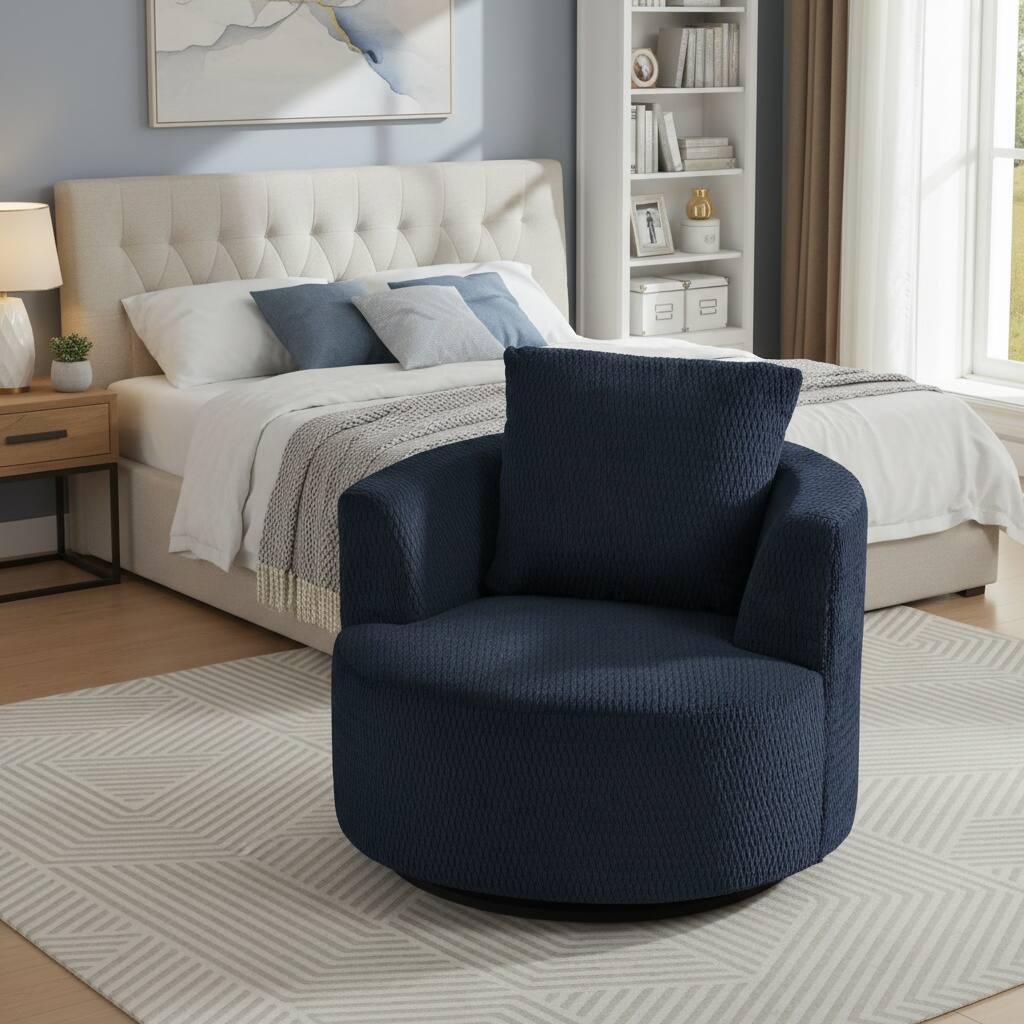 Left. Forest'nSky - Compressible 360° Swivel Accent Chair, Modern Linen Barrel Chair for Living Room, Home Office & Apartment,Dark Blue - Dark Blue.