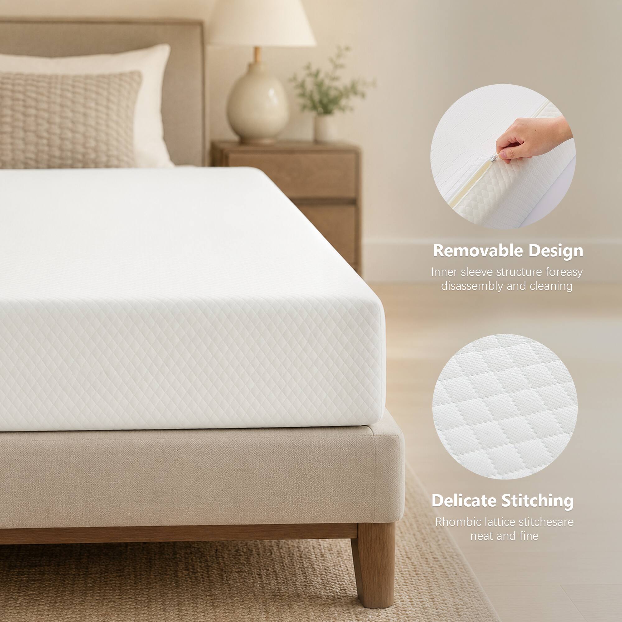 Removable Design  
Inner sleeve structure for easy disassembly and cleaning  

Delicate Stitching  
Rhombic lattice stitches are neat and fine