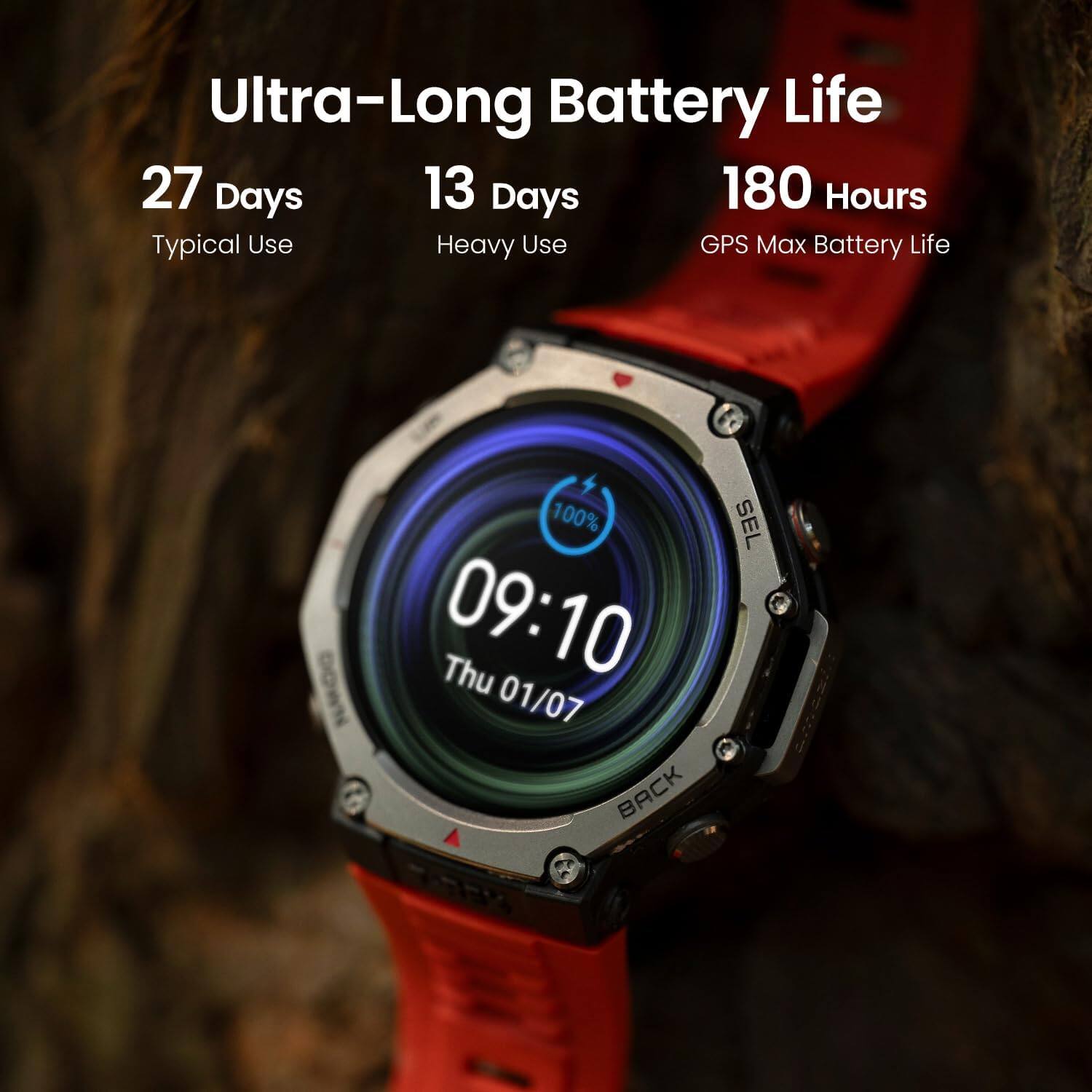 Ultra-Long Battery Life: 27 Days, 13 Days, 180 Hours
Typical Use: 100%
Heavy Use: 100%
GPS: Max Battery Life
Thu 09:10 01/07