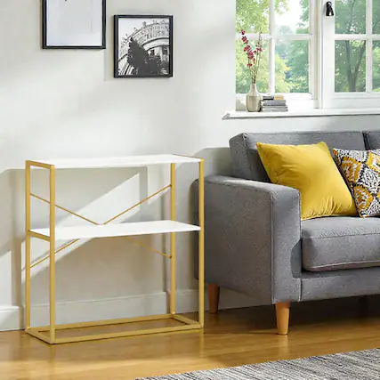 Front. Hivvago - Modern 36" Entryway Console Table Featuring Dual Wooden Shelves and Metal Base - White.