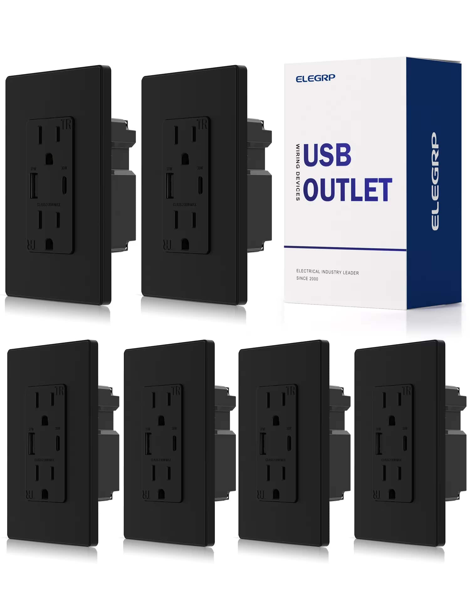 ELEGRP - 30W USB Outlet Receptacles, 15A Wall Outlet with USB C and USB A Ports for Fast Charge,w/Wall Plate,,6 Pack - Black