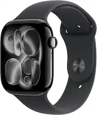 Front. Apple - Apple Watch Series 11 (GPS+Cellular) 46mm Aluminum Case with Black Sport Band - M/L - Jet Black.
