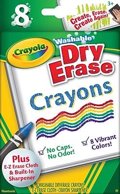3+  
Create, Erase, Create Again!  
8 Washable Dry Erase Crayons  
8 Vibrant Colors!  
No Caps. No Odor!  
Plus E-Z Erase Cloth & Built-In Sharpener  
Nontoxic