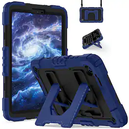 Dteck - Heavy Duty Rugged Case for Samsung Galaxy Tab A11 / A9 8.7 Inch Tablet with Multi-Angle Kickstand and Shoulder Strap - Navy Blue+Black