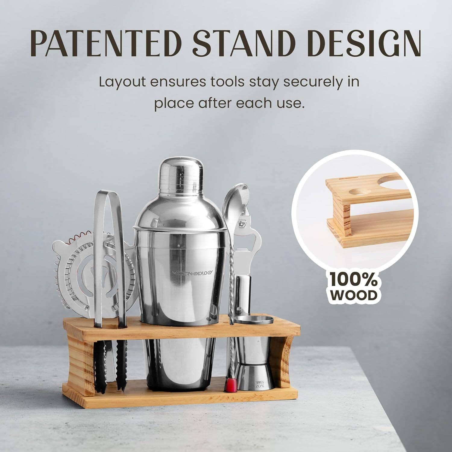 PATENTED STAND DESIGN  
Layout ensures tools stay securely in place after each use.  
100% WOOD