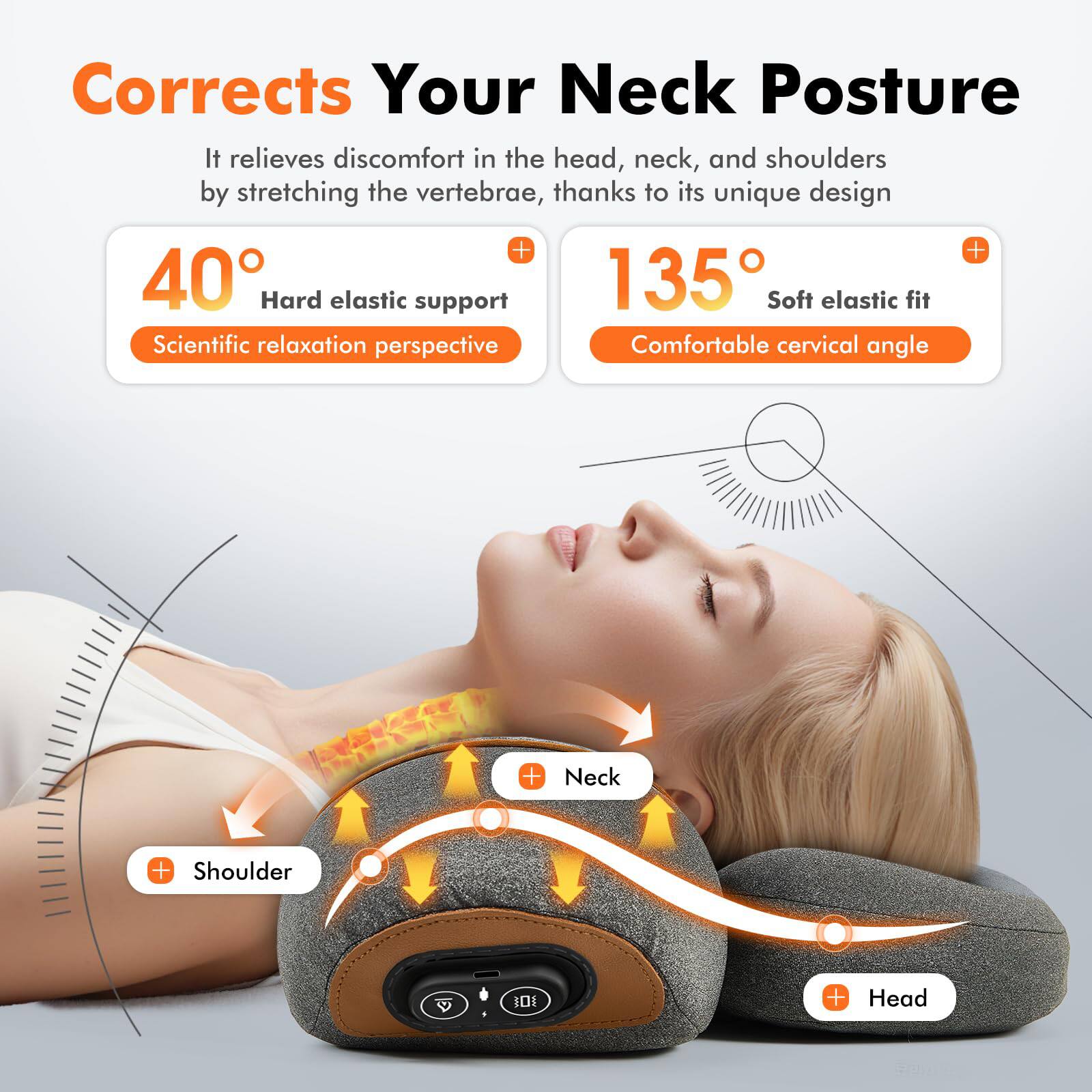 Corrects Your Neck Posture

It relieves discomfort in the head, neck, and shoulders by stretching the vertebrae, thanks to its unique design.

40° Hard elastic support  
Scientific relaxation perspective

135° Soft elastic fit  
Comfortable cervical angle

Neck  
Shoulder  
Head