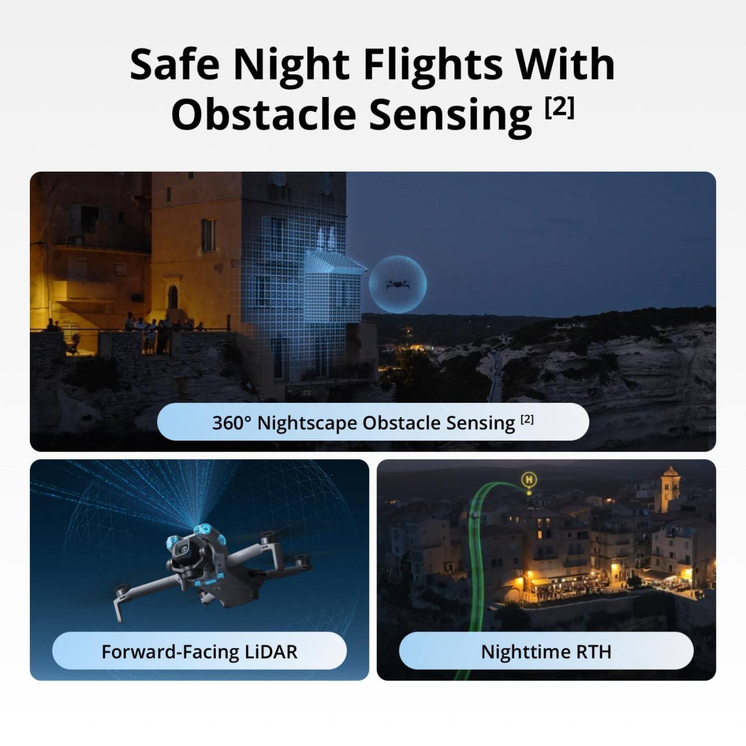 Safe Night Flights With Obstacle Sensing [2]  
360° Nightscape Obstacle Sensing [2]  
Forward-Facing LiDAR  
Nighttime RTH