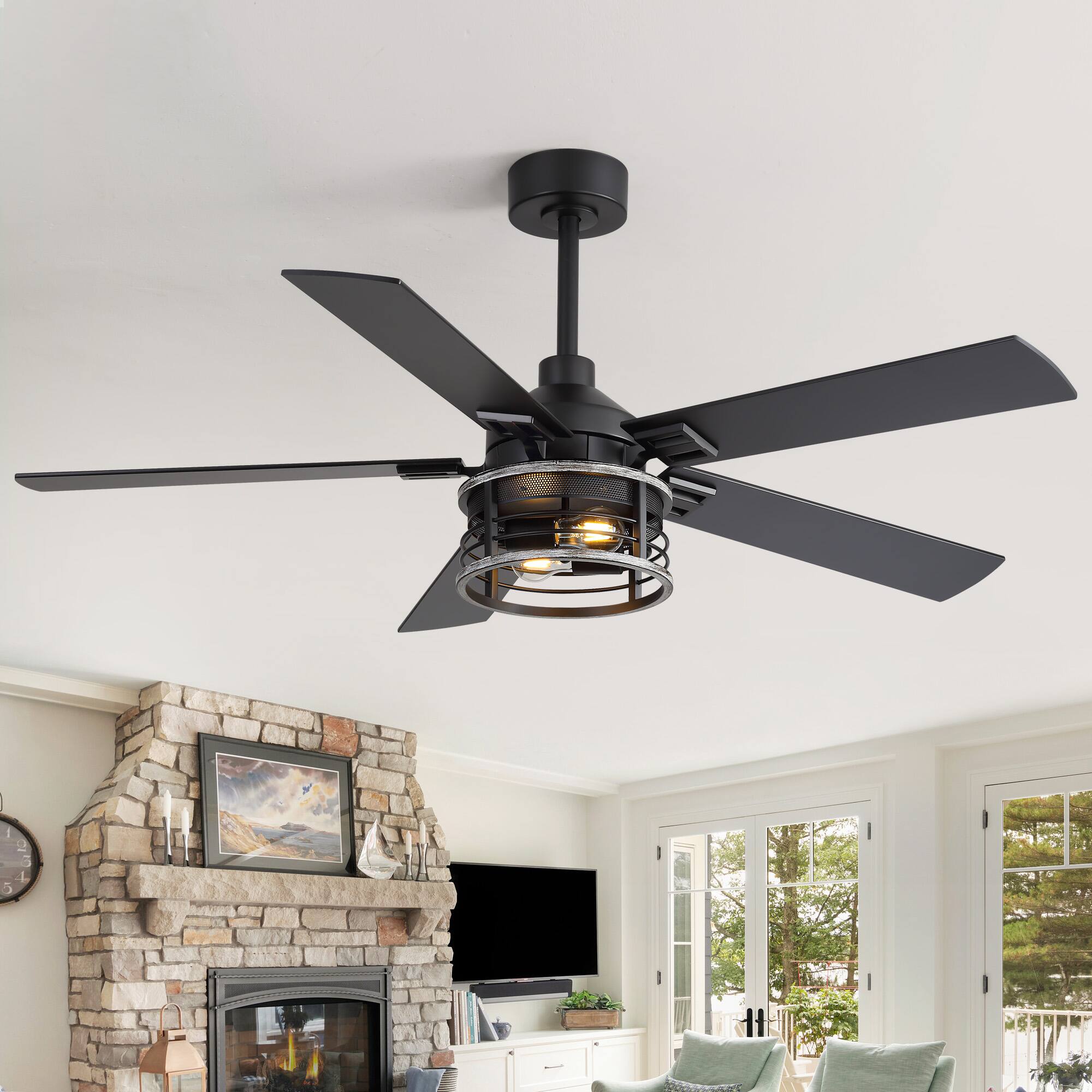 Back. Breezary - 52-Inch Indoor Modern Ceiling Fan with Integrated Light, DC Motor, 6-Speed Remote, 5 Blades, Includes 5" & 10" Downrods - Black and Charcoal Wood.
