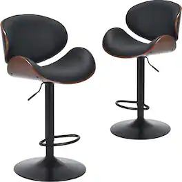 Boyel Living - Swivel Bar Stools Set of 2 Adjustable Height Bentwood Barstools with PU Leather Seat - Black