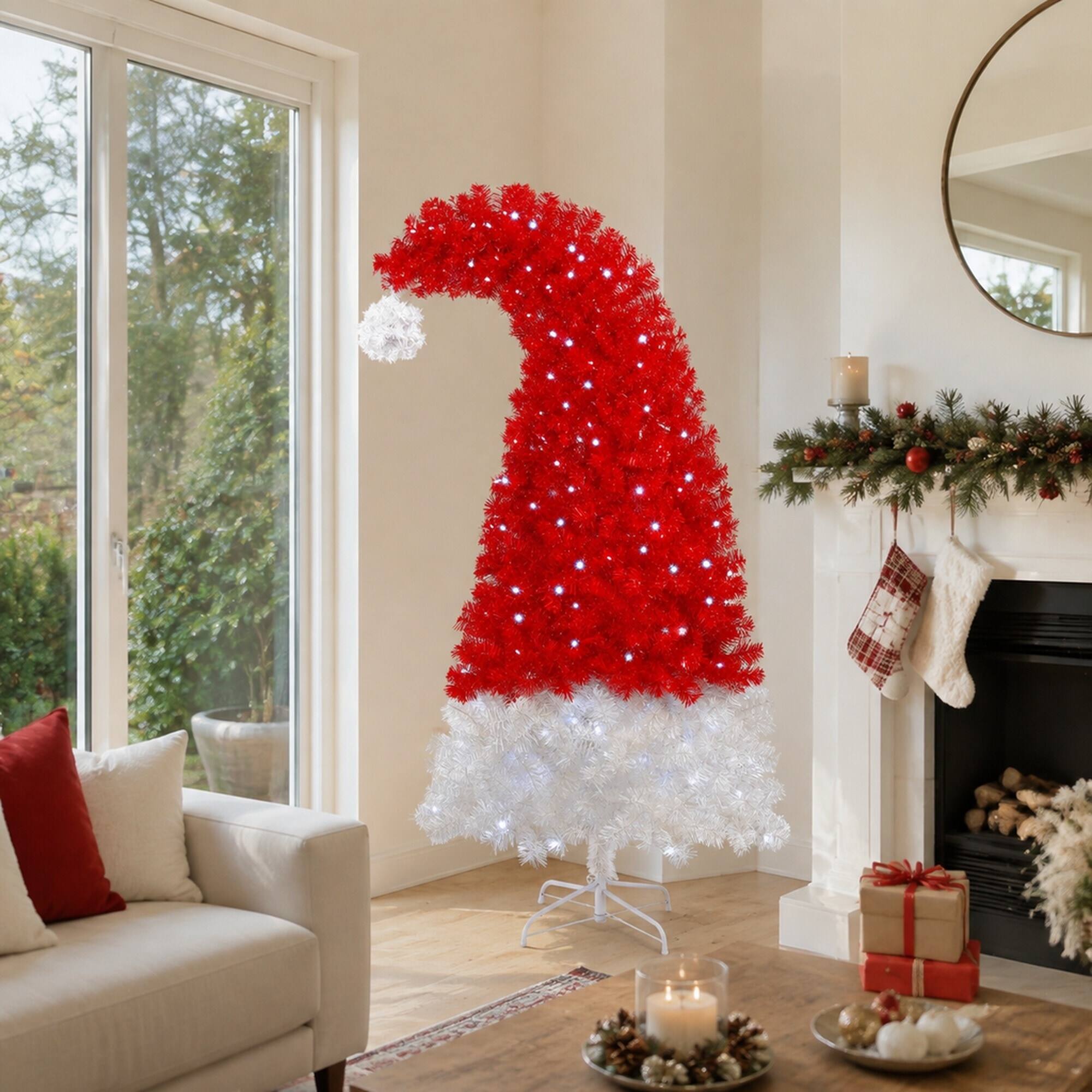 Back. RYHNUYNE - 6FT Whimsical Santa Hat Christmas Tree, 1050 Curved Branch Tips LED Lights Artificial Xmas Tree Holiday Decor - Red,White.